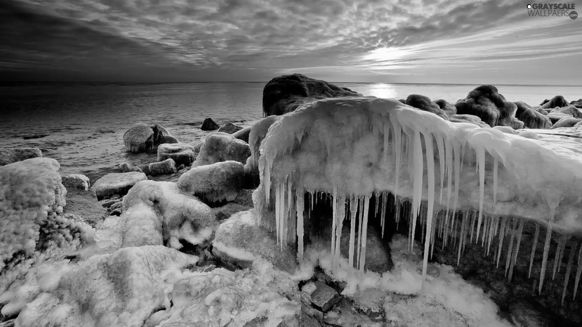 Stones, winter, Beaches, icy, sea