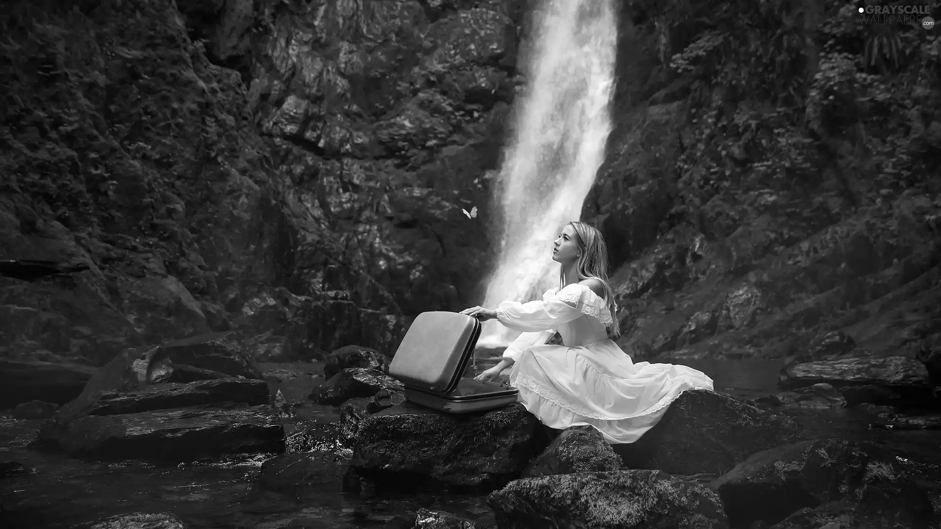 Women, waterfall, Stones, case