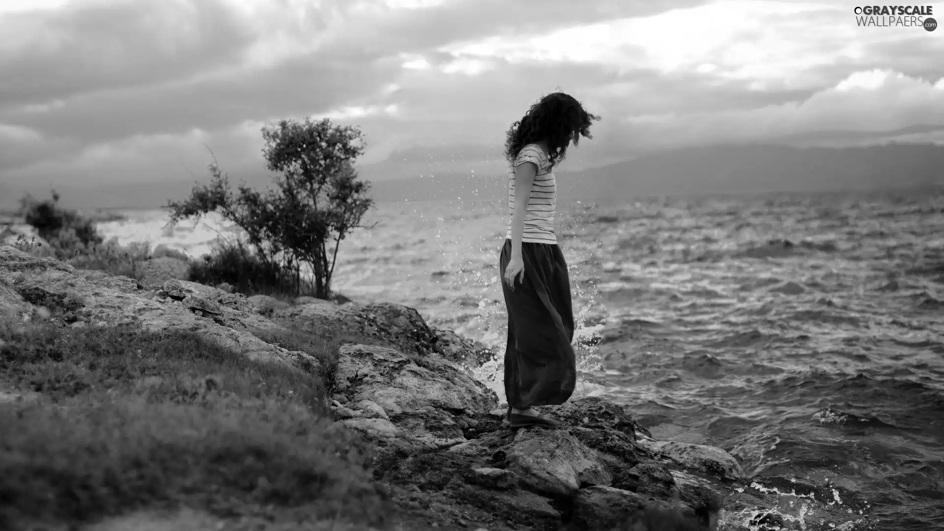 stony, coast, rough, sea, Women