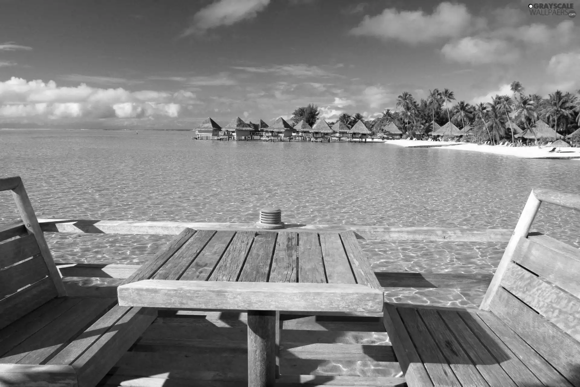 Houses, Table, Stool, sea