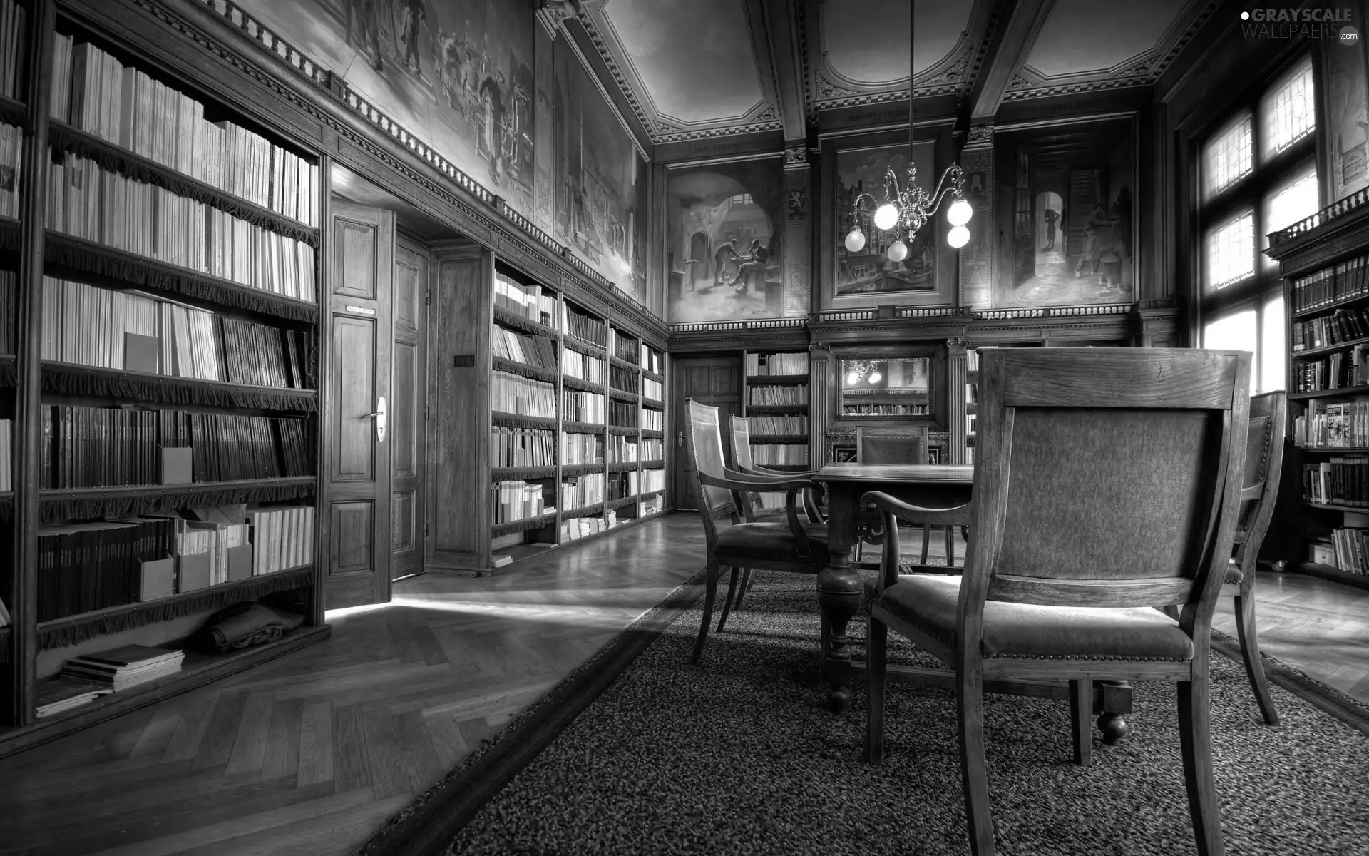 Stool, paintings, shelves, Books, reading room