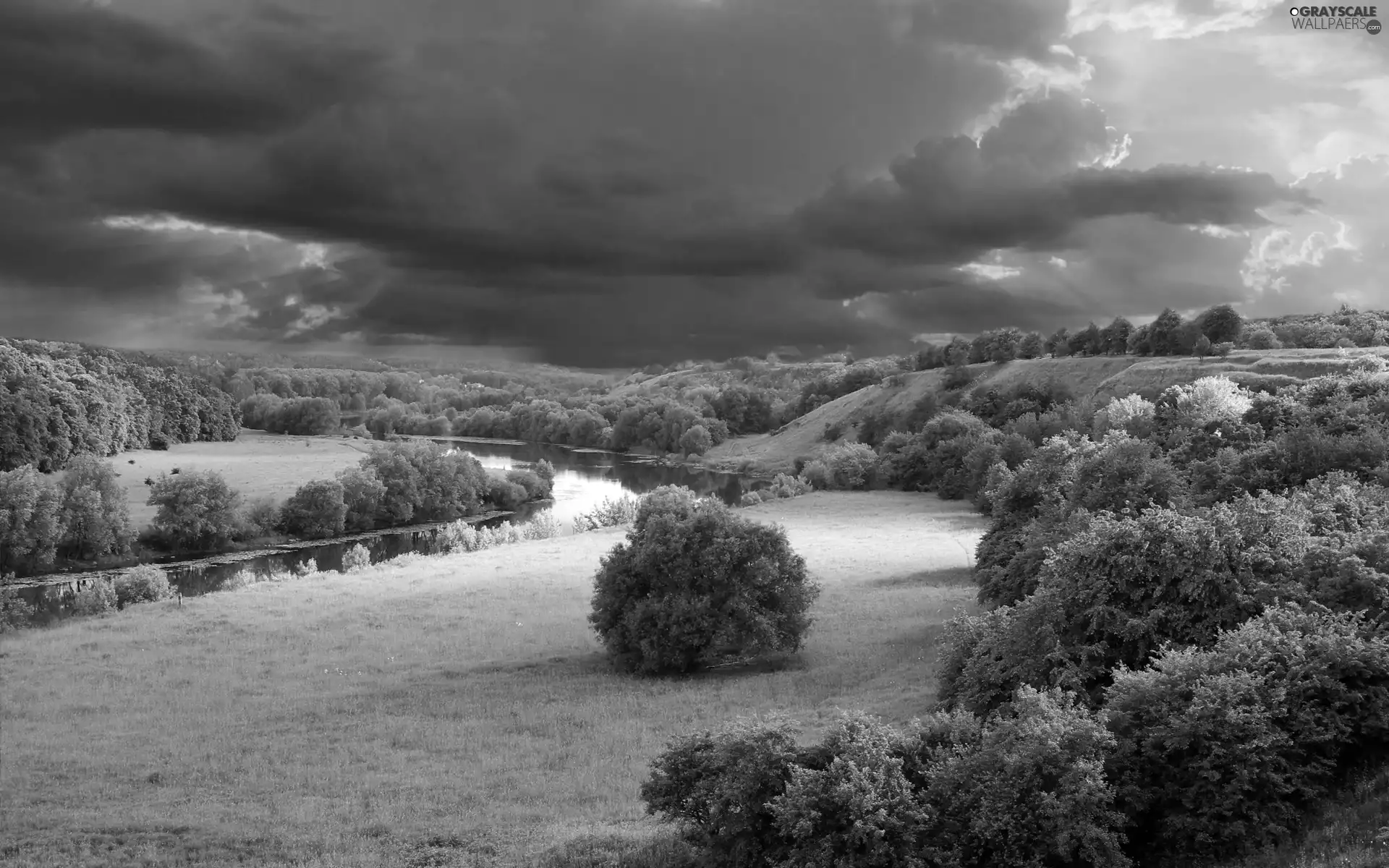 viewes, River, storm, Sky, Meadow, trees