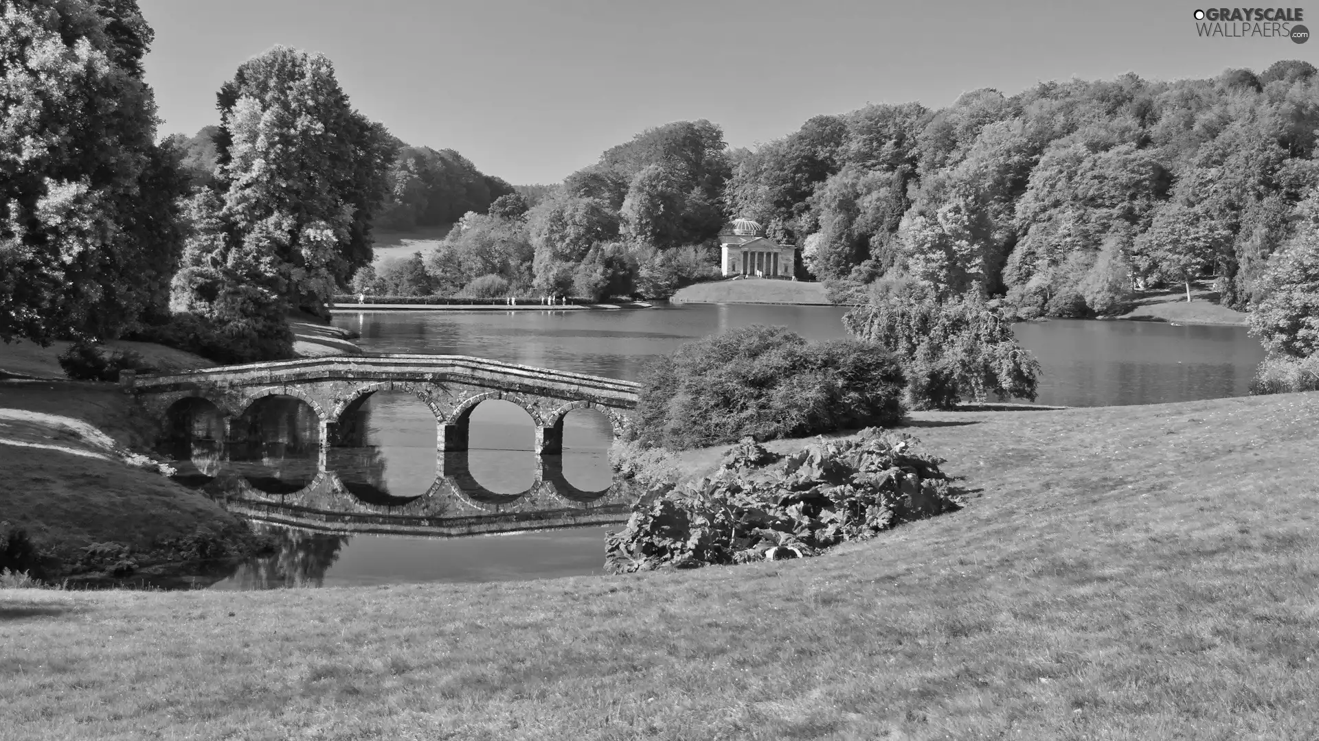 Stourhead, England, lake, Park, bridges