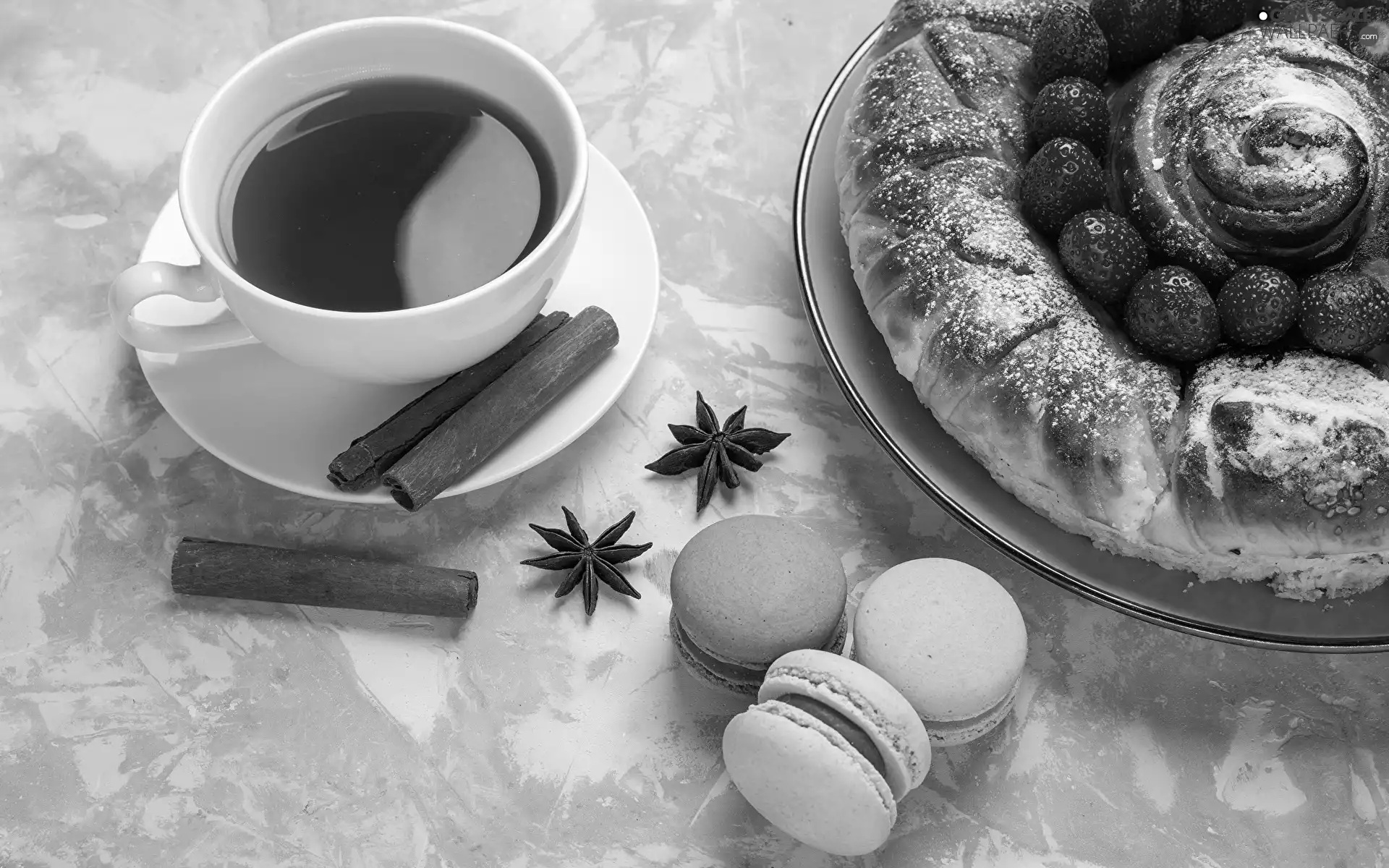cinnamon, tea, cake, strawberries, Macaroons, cup