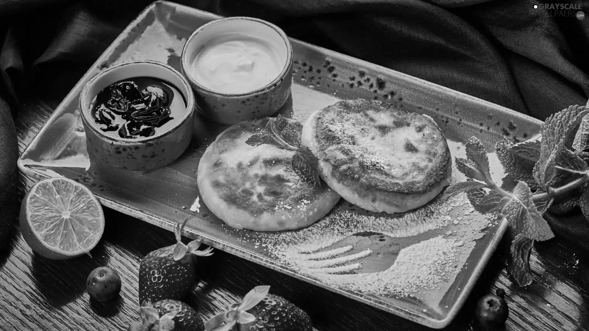 cream, Pancakes, fork, strawberries, Tray, Jam