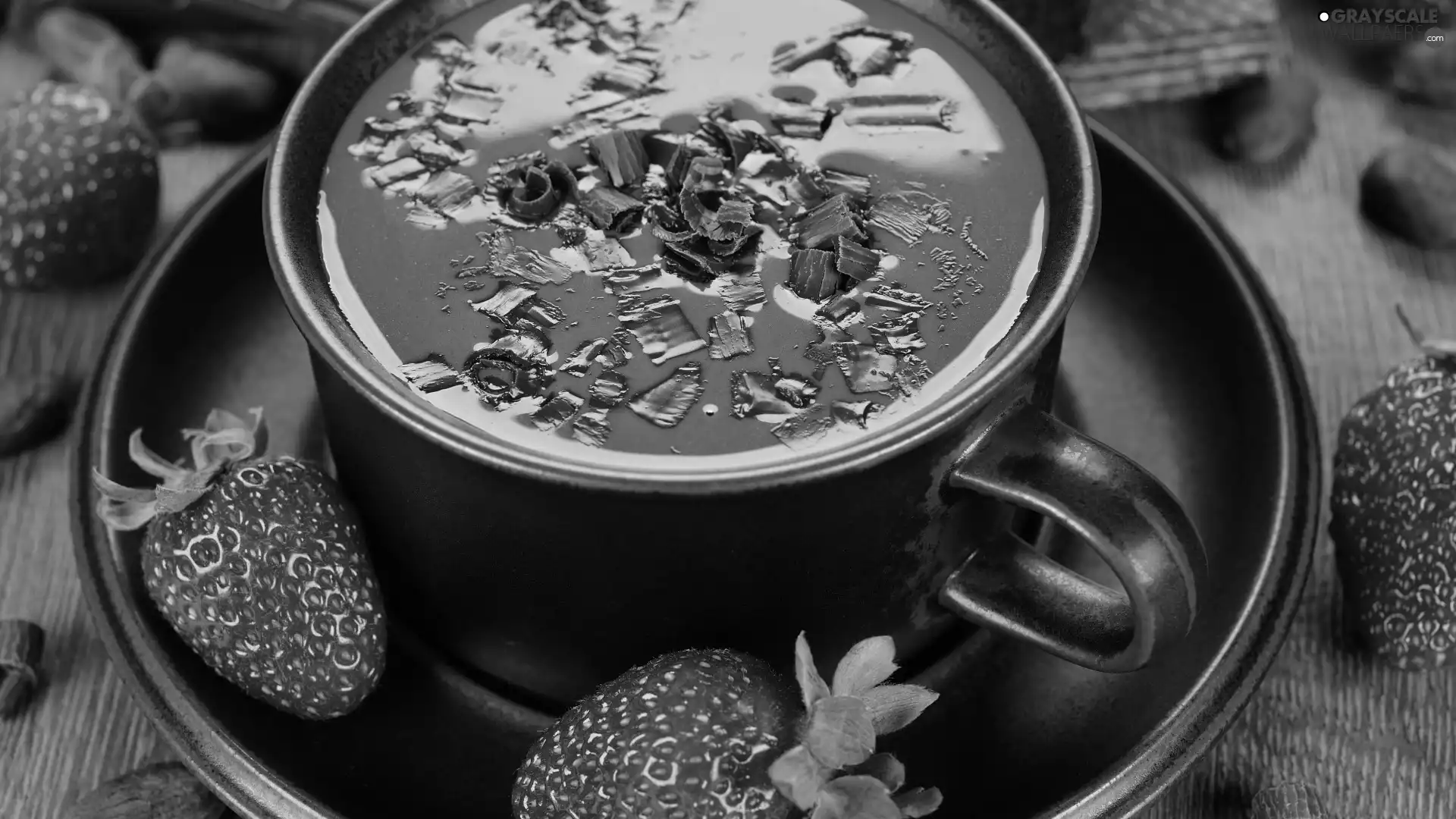 chocolate, strawberries, saucer, hot, cup