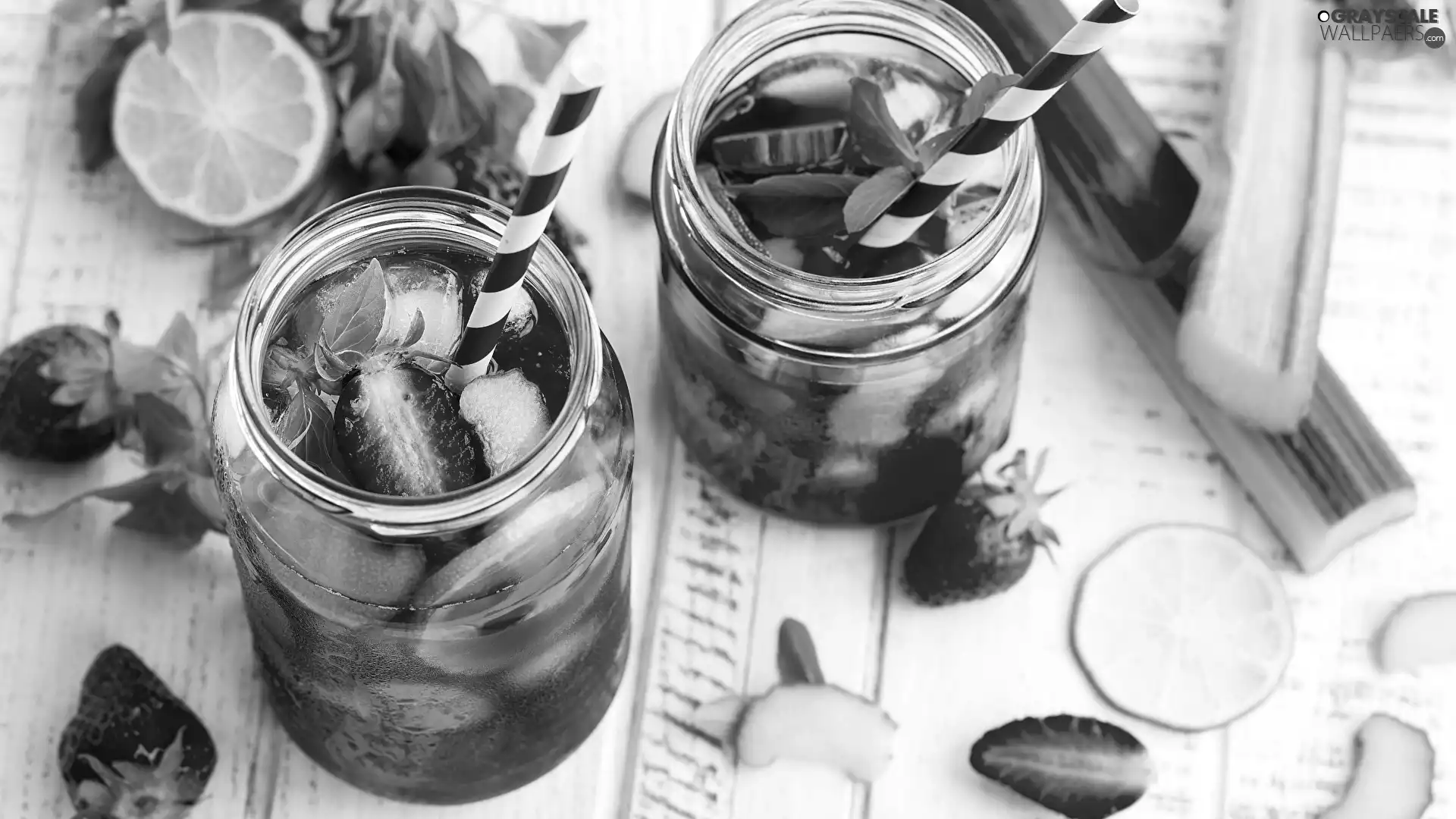 lime, Jars, straws, strawberries, drink, rhubarb, boarding