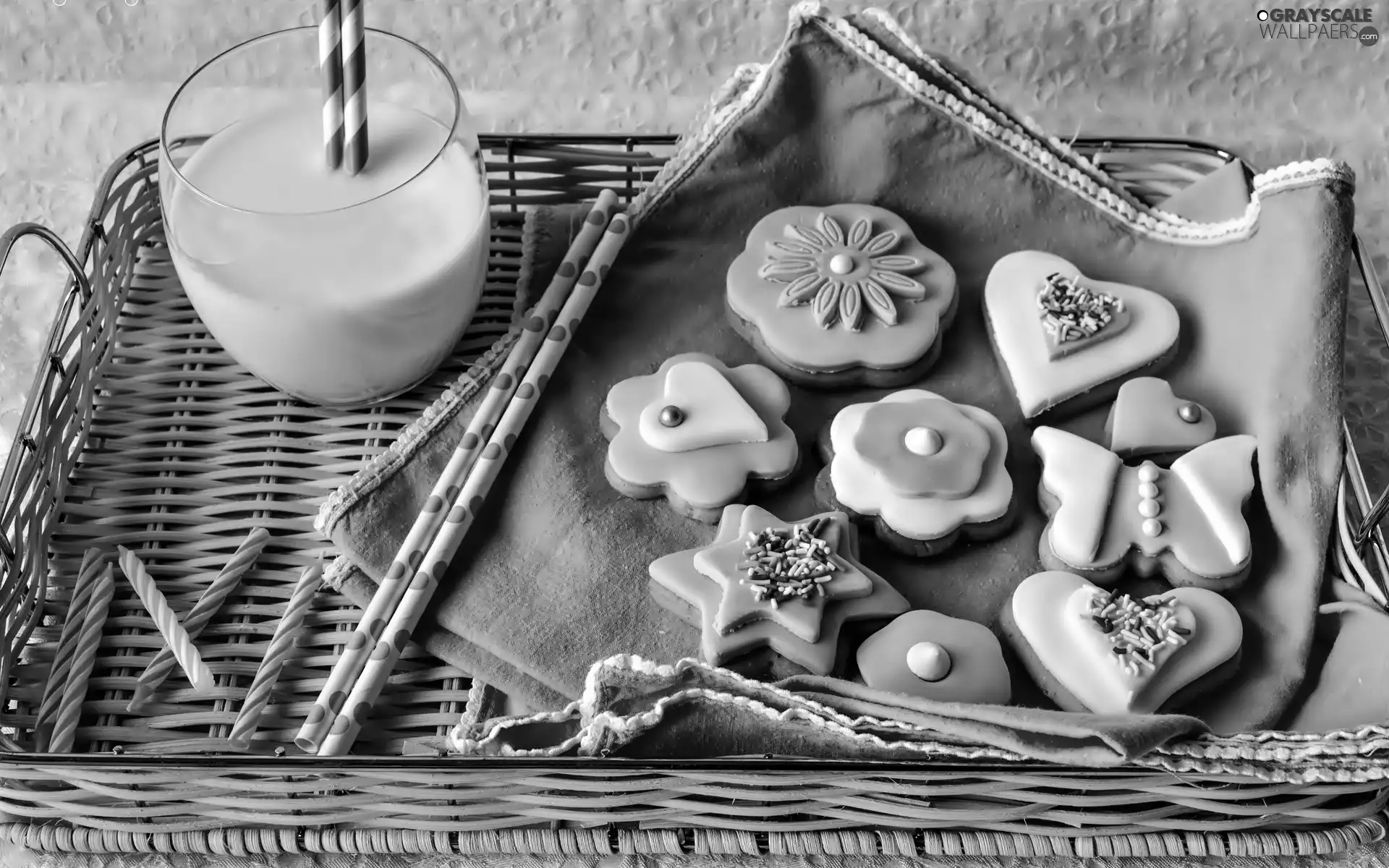 cup, Cookies, candles, milk, glace, straws, Tray