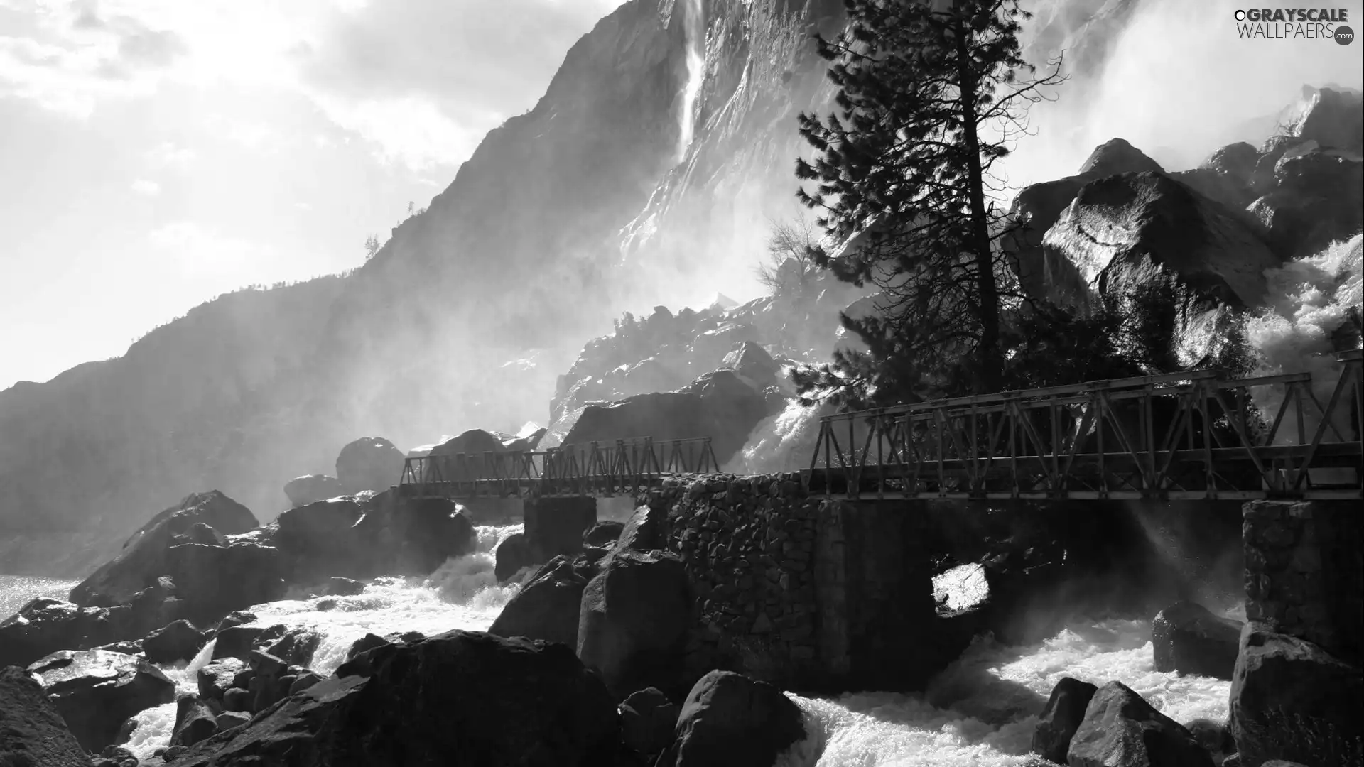 stream, bridge, rocks, rapid, Mountains