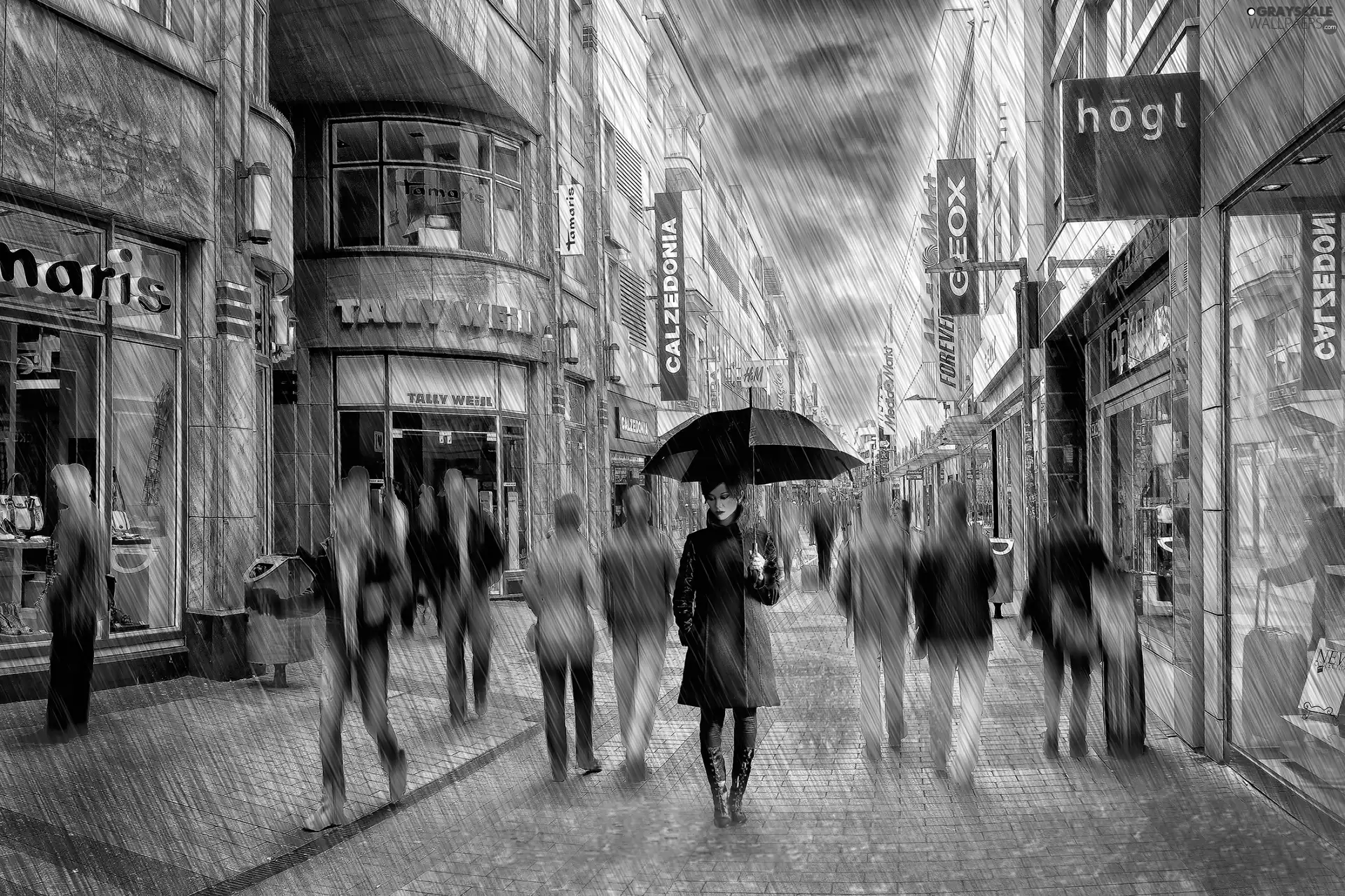 People, stores, Street, Rain