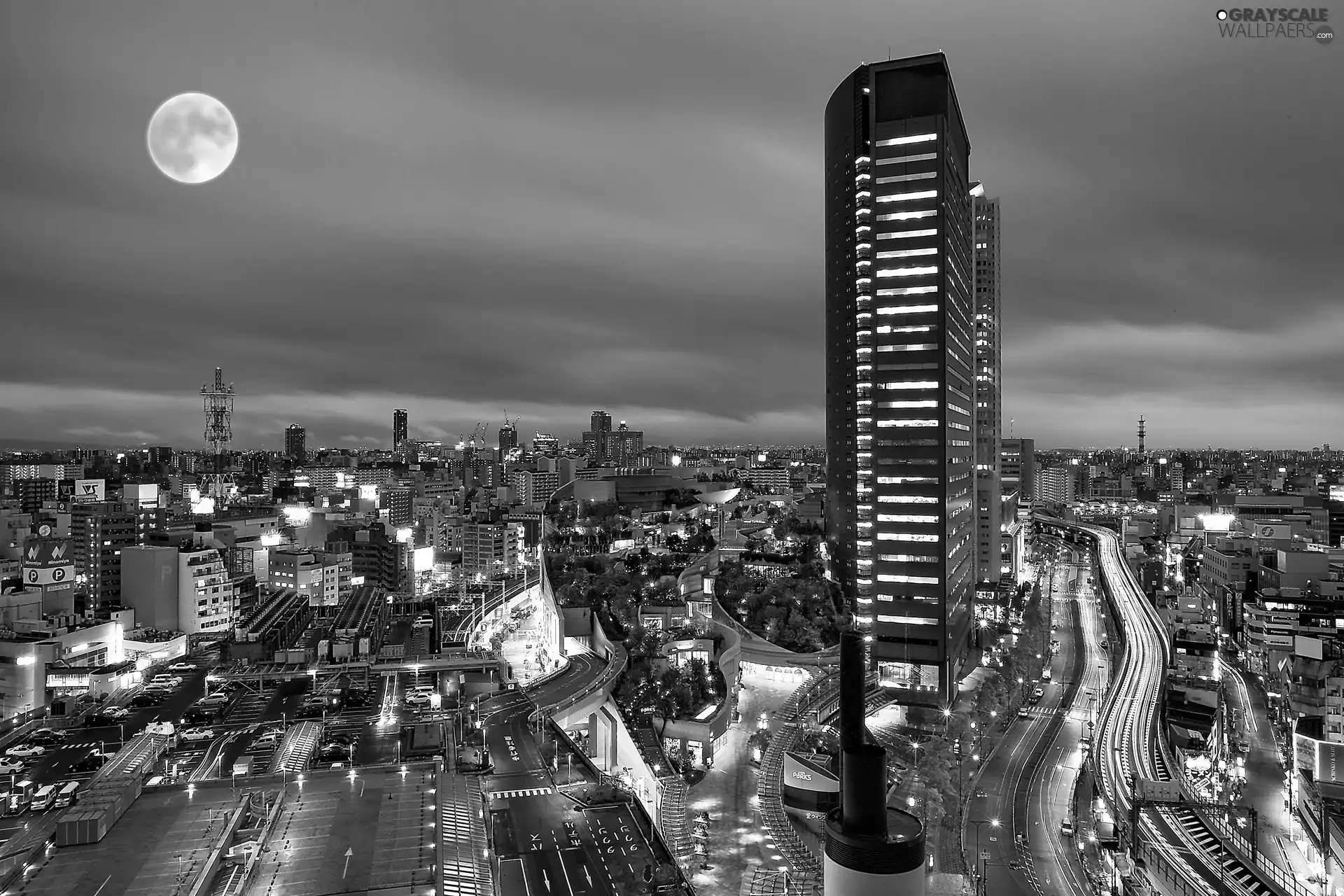 skyscrapers, town, moon, buildings, View, Streets, Sky