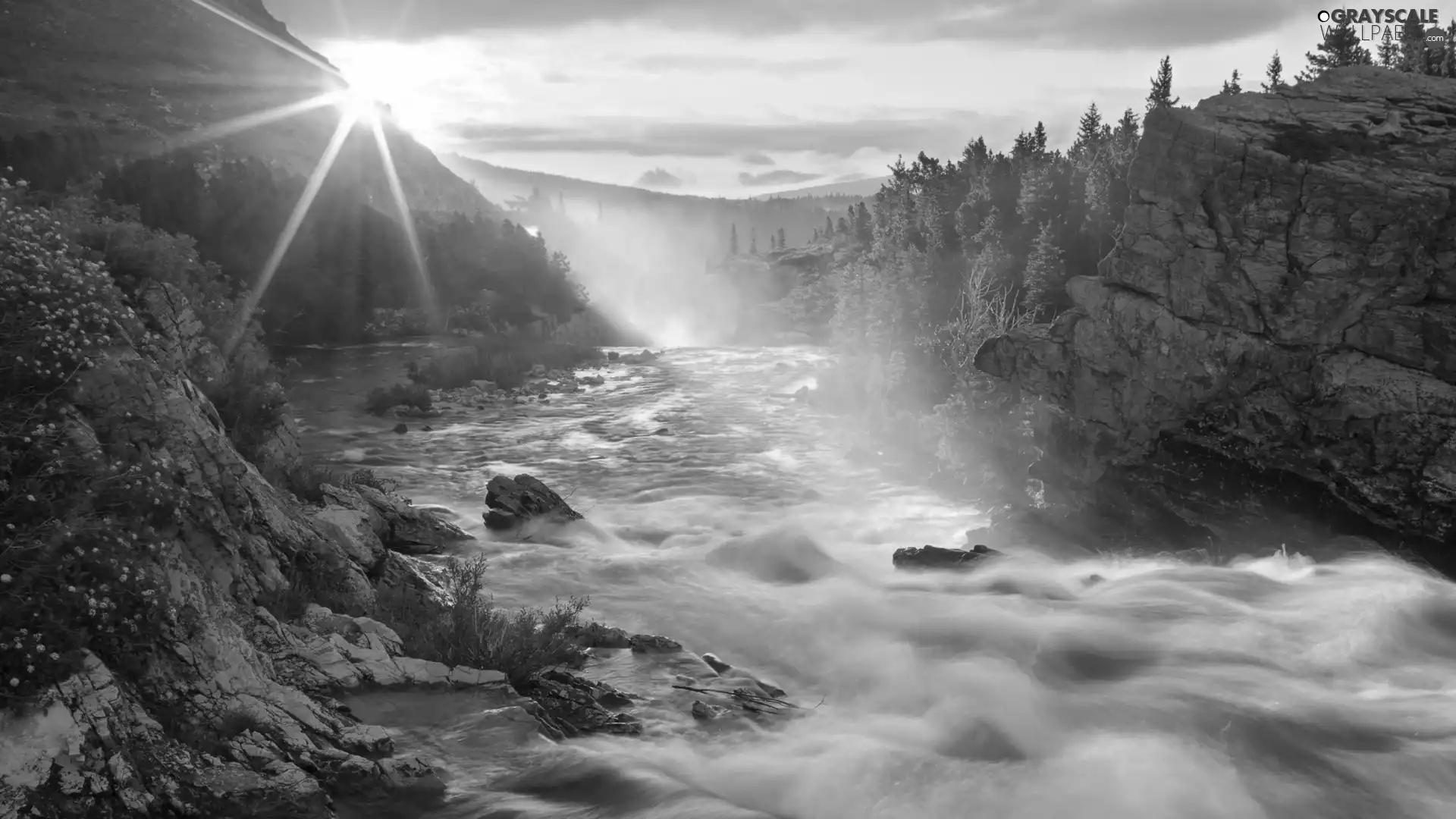 rocks, River, sun, autumn, rays, Mountains