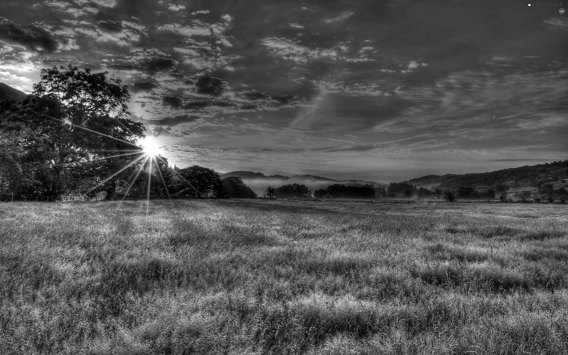 rays, Mountains, clouds, woods, medows, sun, autumn