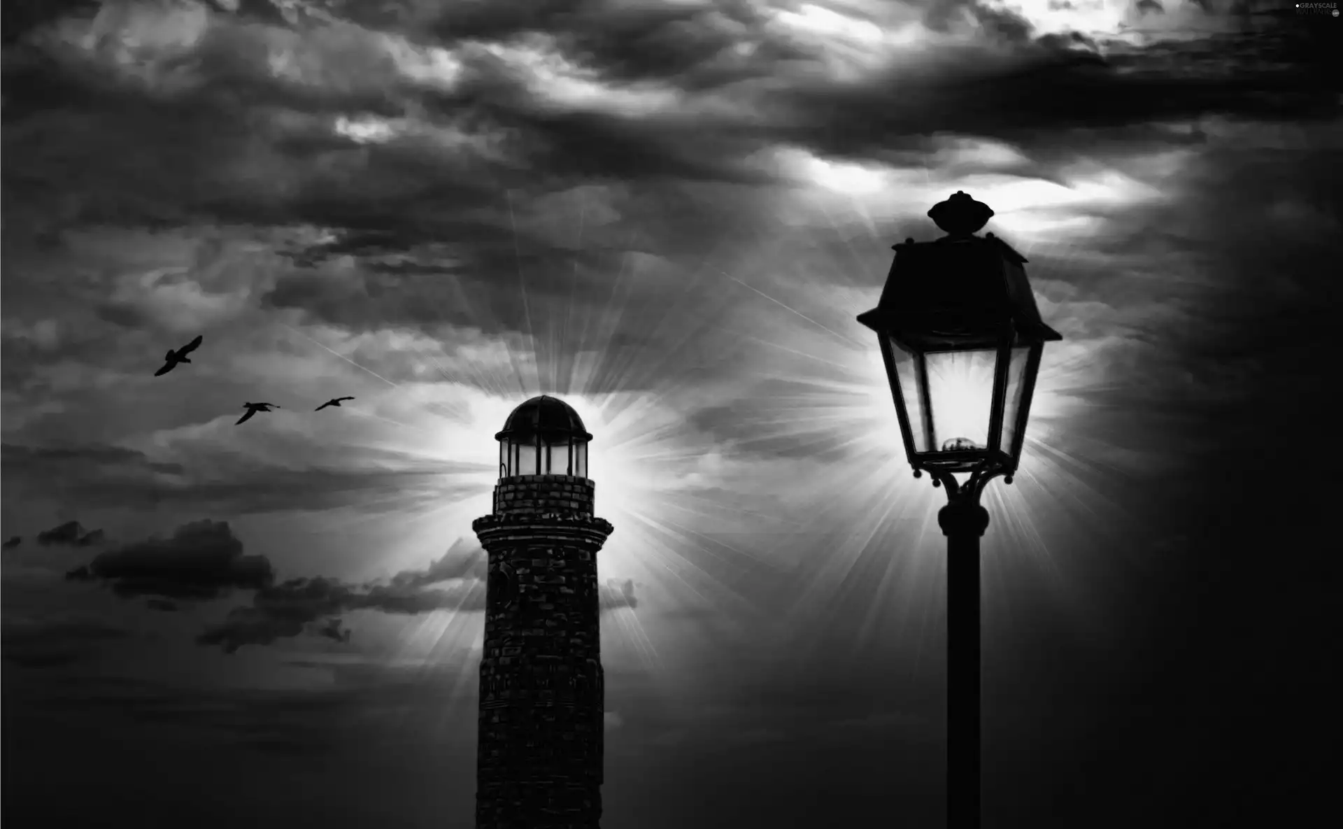 sun, birds, lanterns, west, Two