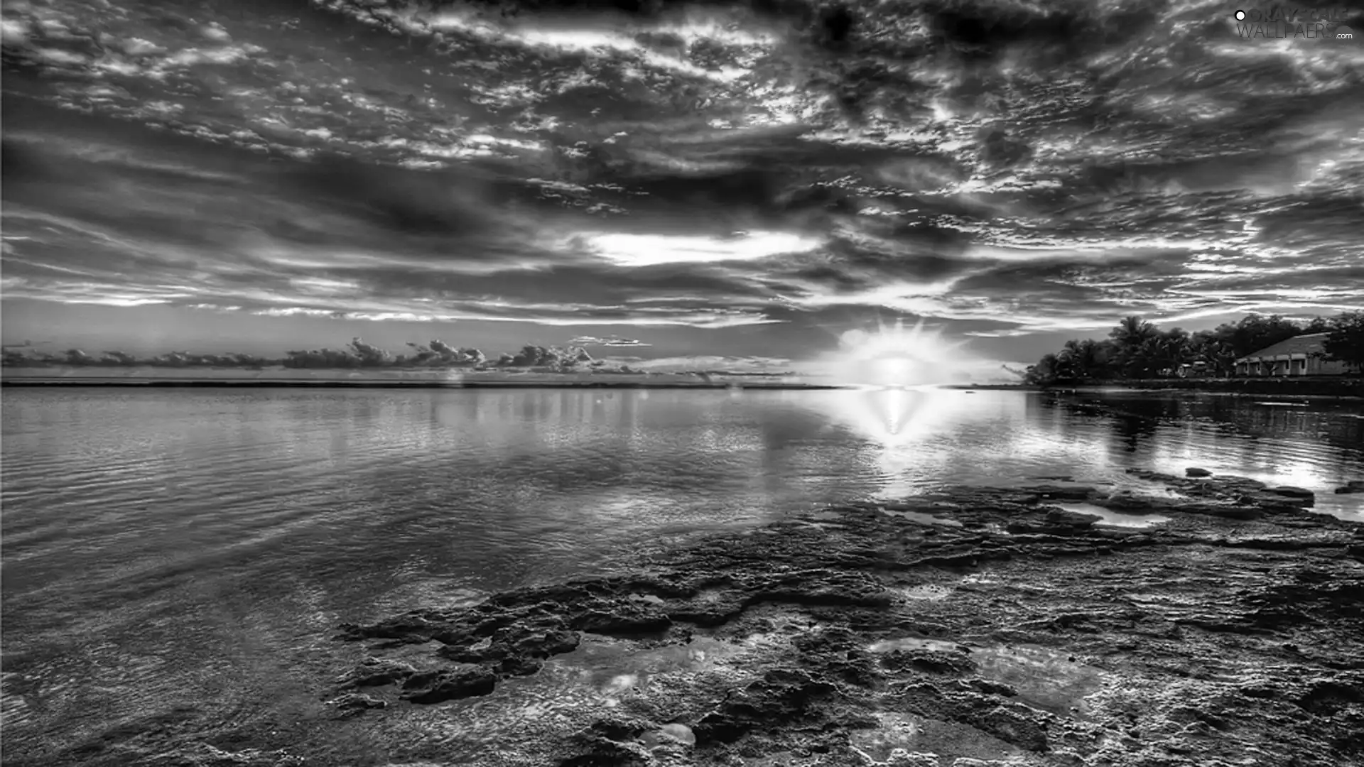 sun, lake, clouds