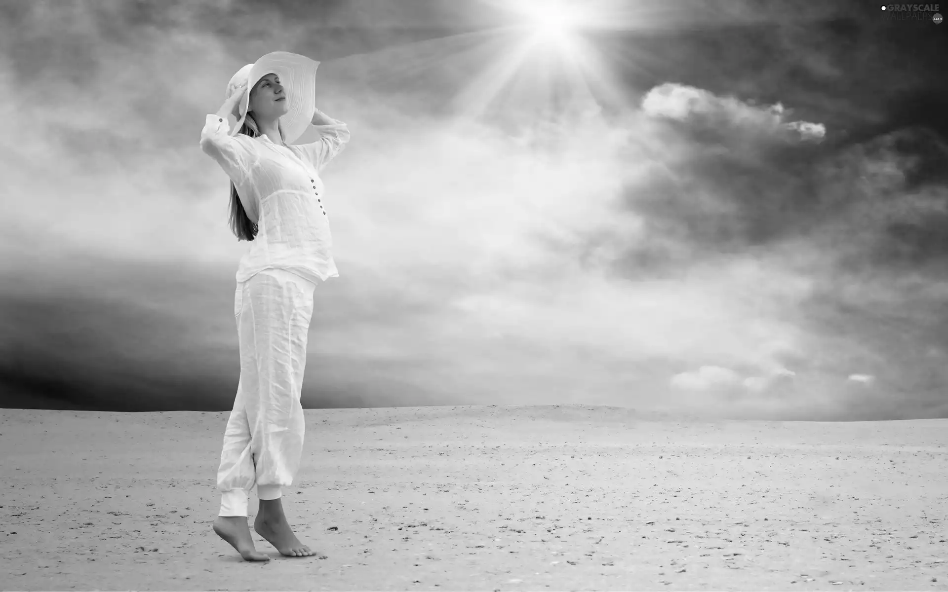 Desert, Women, sun, clouds, rays, Hat