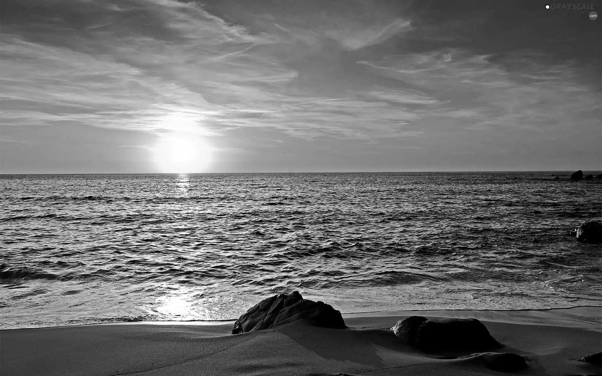 boulders, sea, sun, clouds, west, Beaches