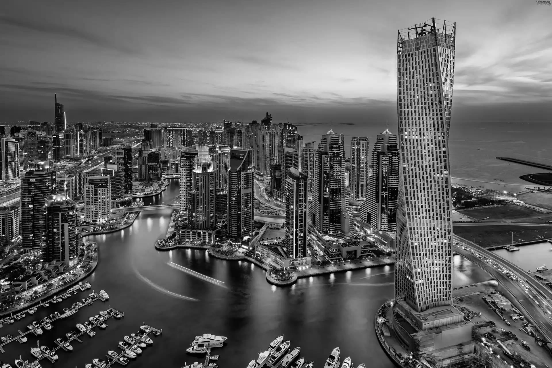 Boats, skyscraper, Dubaj, United Arab Emirates, Great Sunsets, Cayan Tower