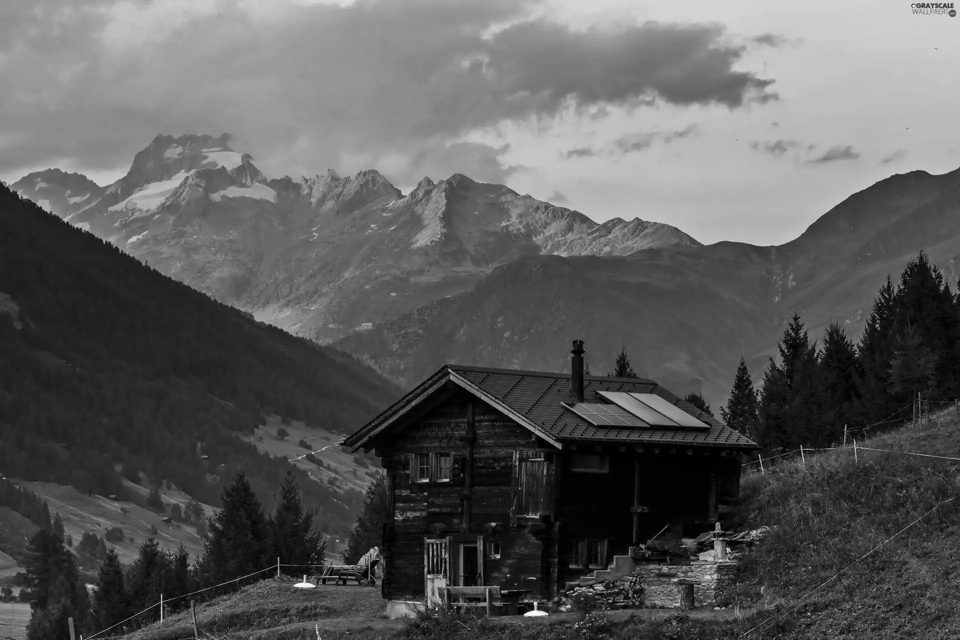 clouds, Mountains, sun, house, west, Valley