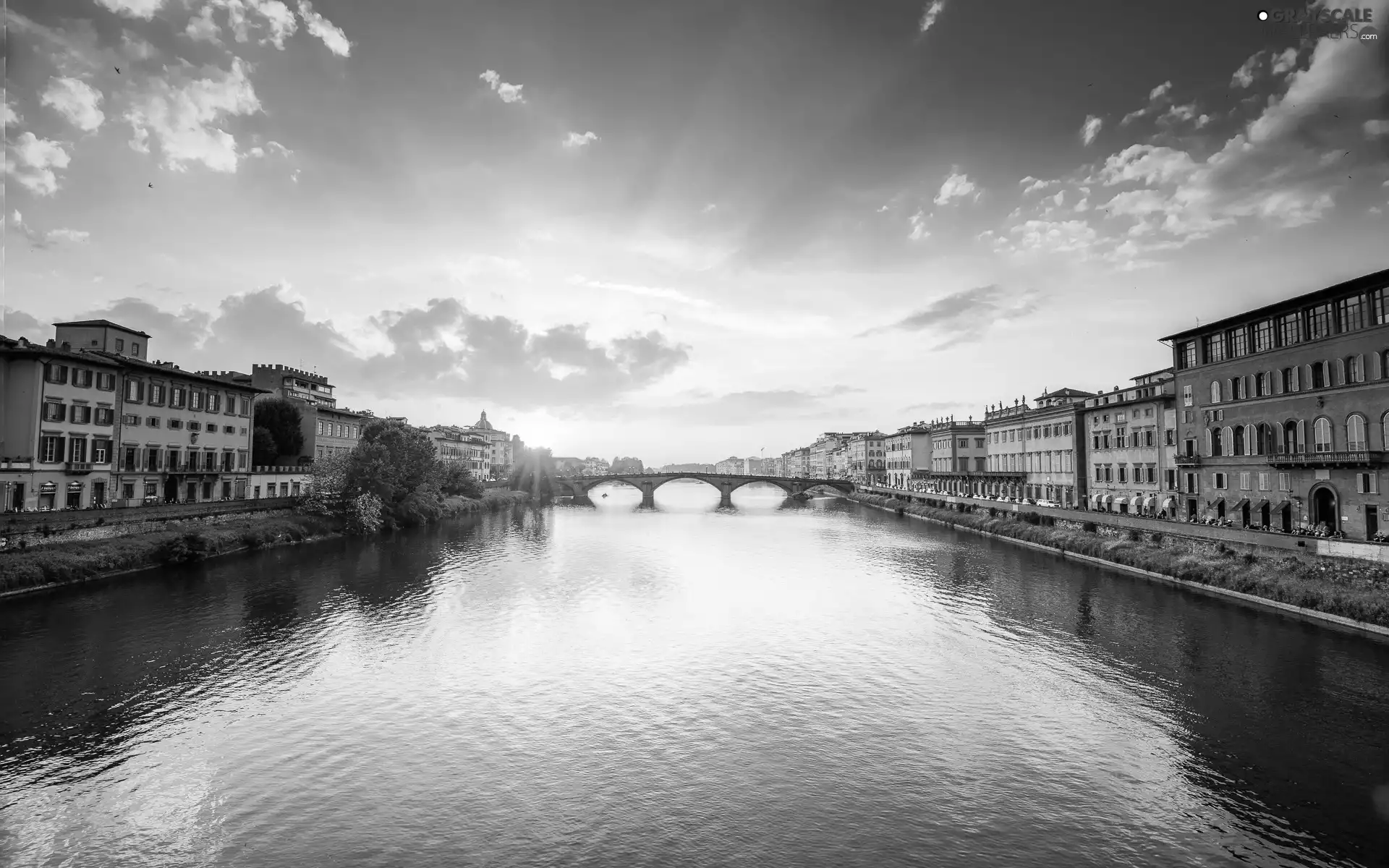 rays, bridge, Florence, Houses, River, sun, Italy