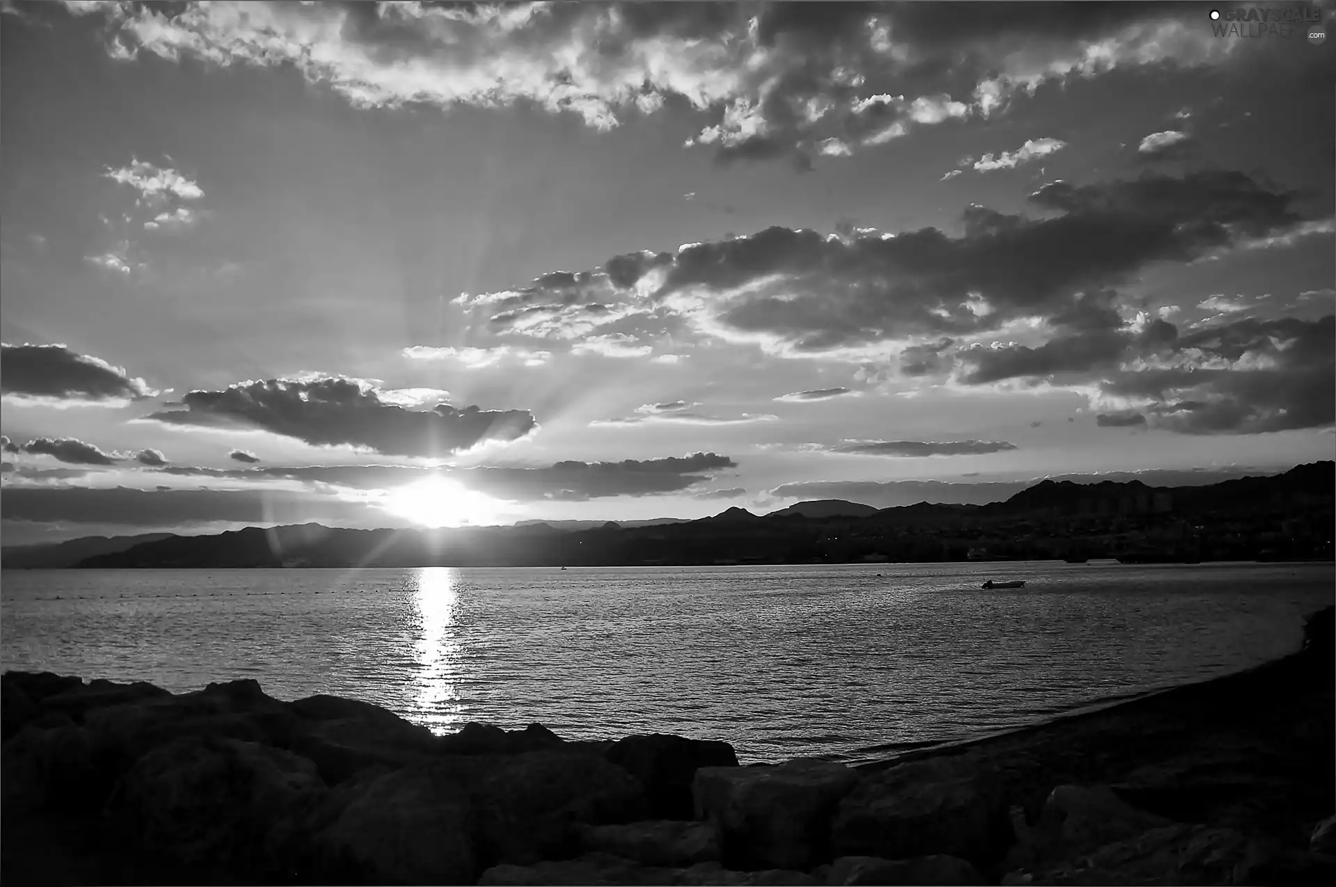 lake, rays, sun, clouds