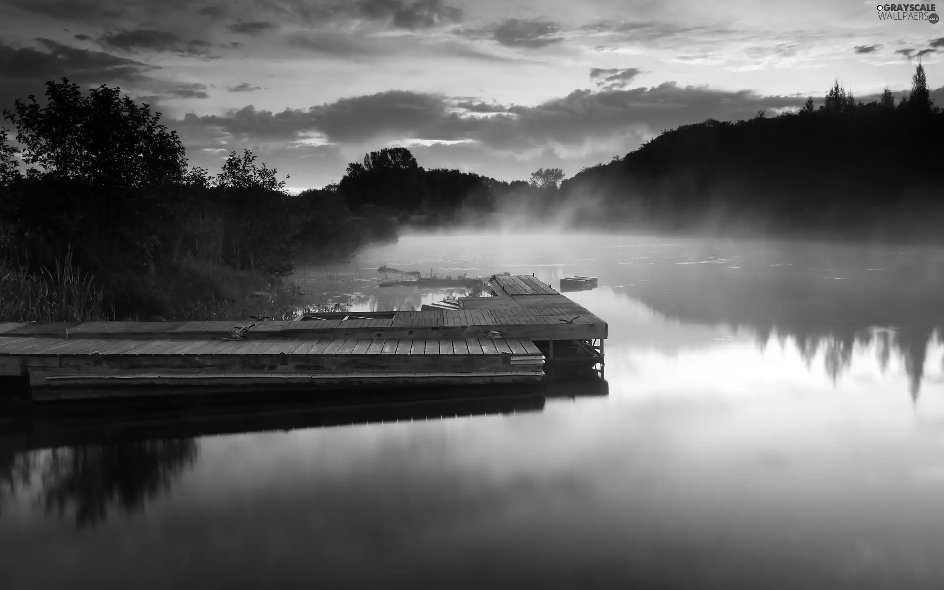 lake, west, sun, Fog