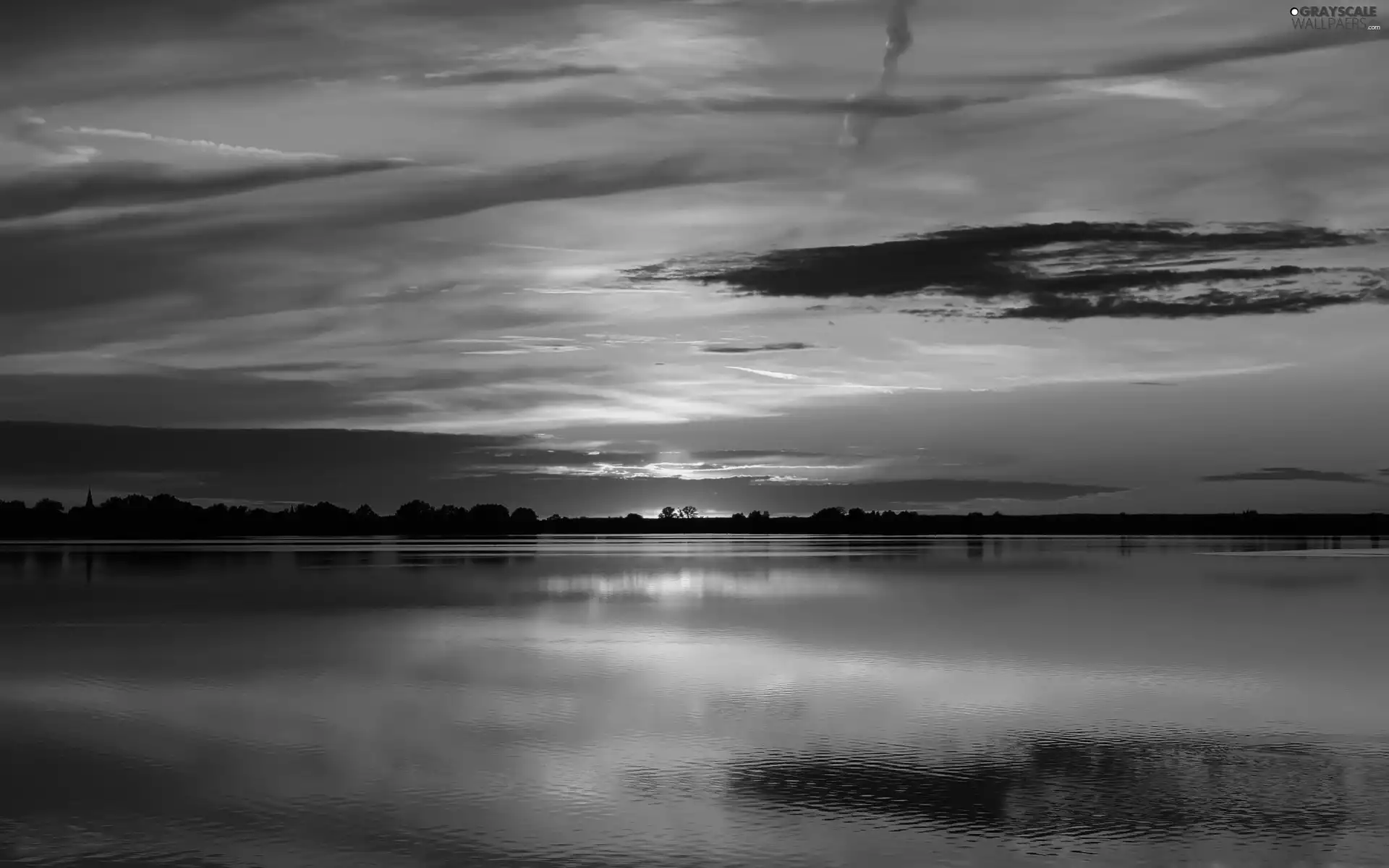 lake, west, sun, horizon