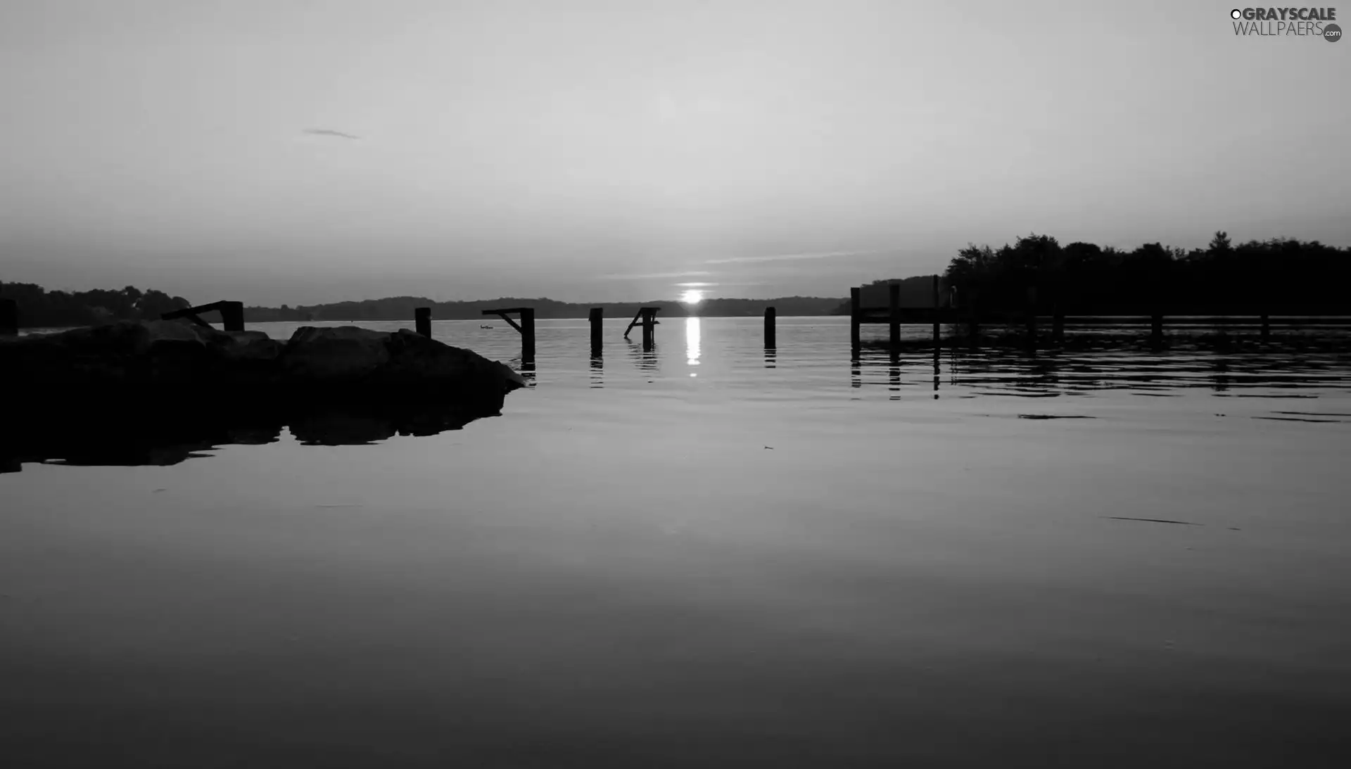 lake, west, sun, pier