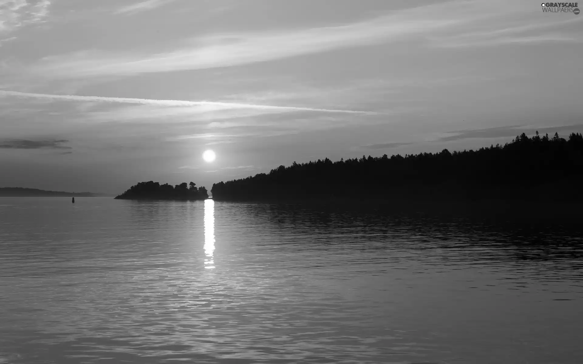 lake, west, sun, woods