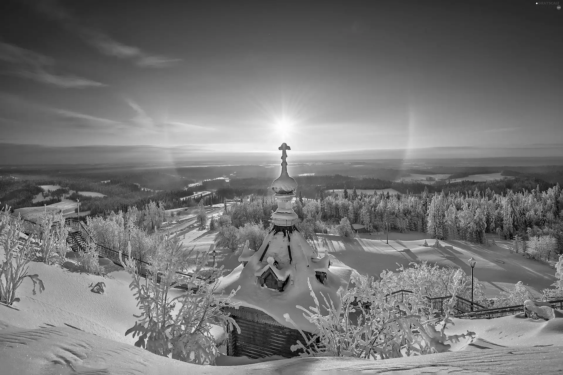 sun, landscape, Church, east, winter