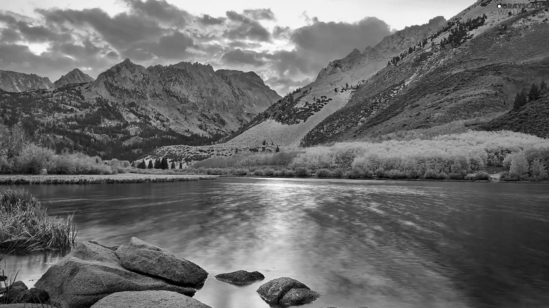 lake, autumn, clouds, boulders, sun, shadow, luminosity, forest, Mountains, flash, ligh