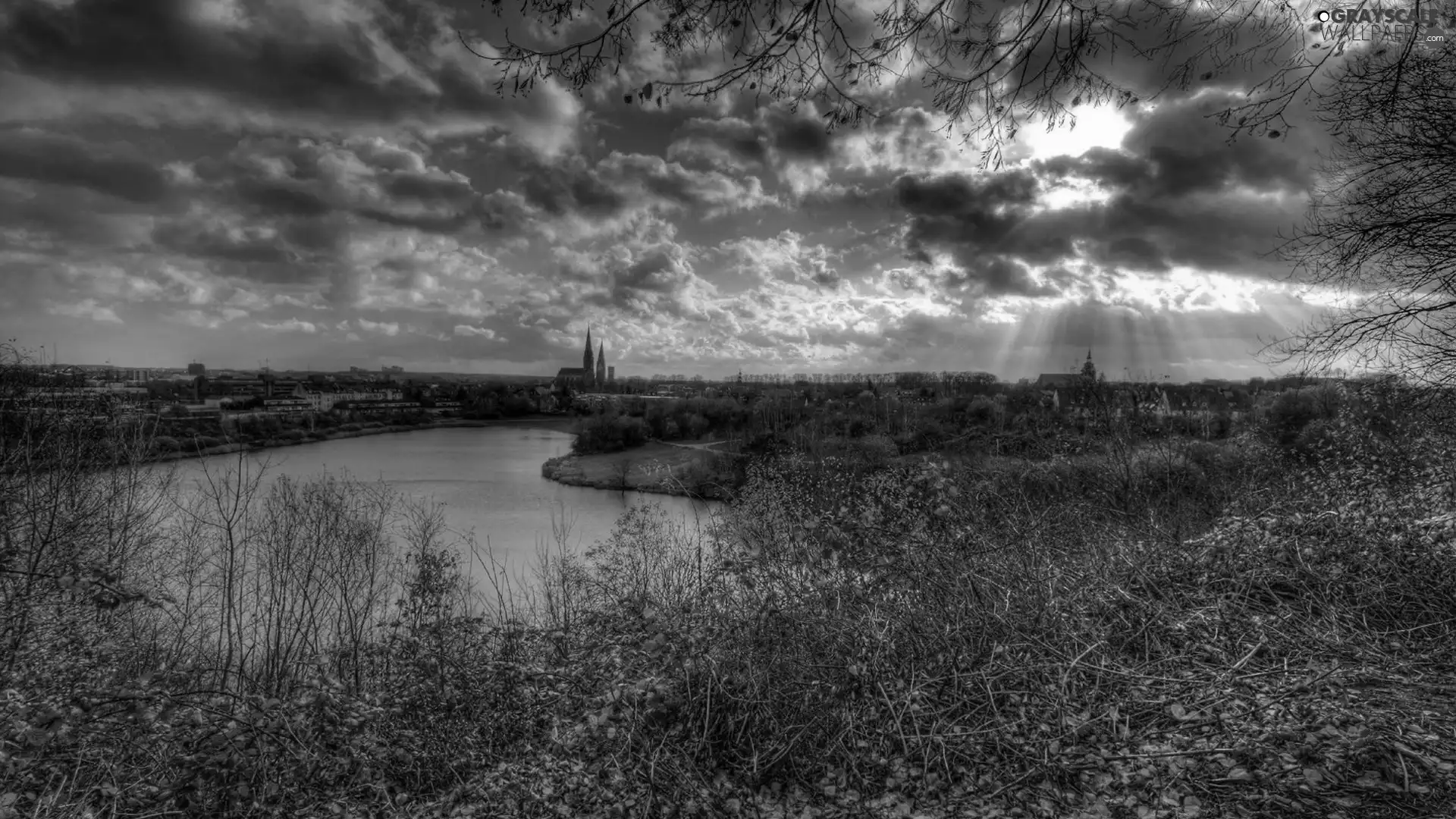 ligh, sun, autumn, flash, lake, Przebijające, clouds, luminosity