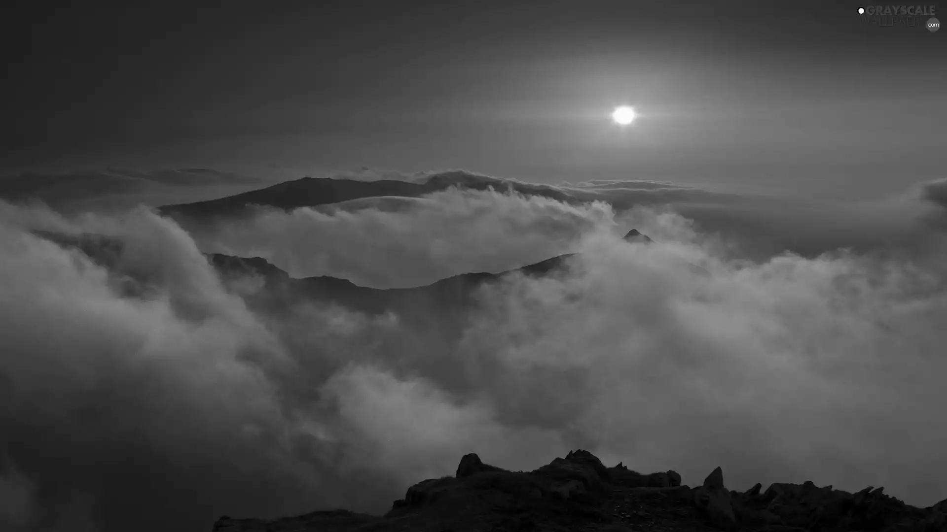 Mountains, east, sun, Fog