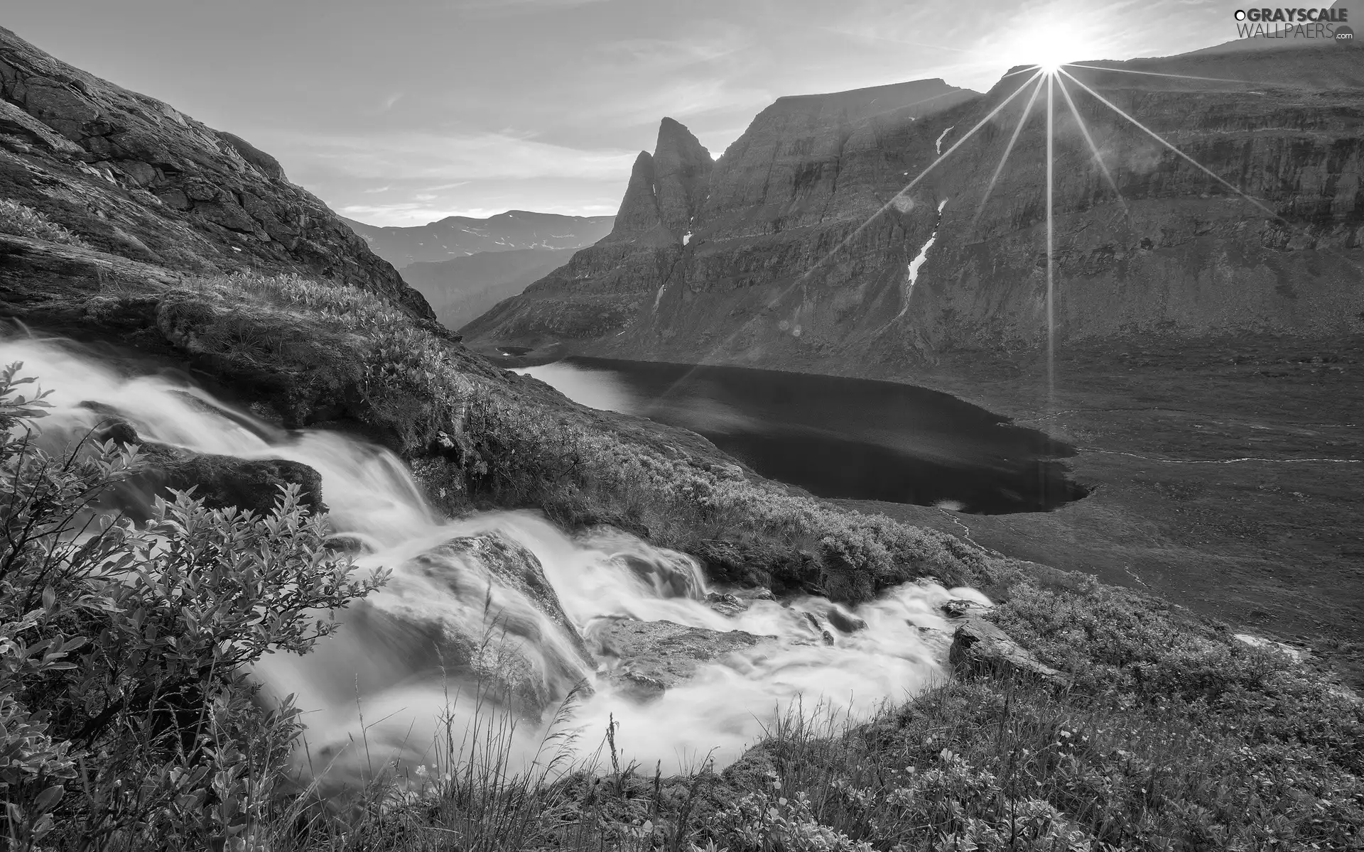 Mountains, rays, sun, waterfall