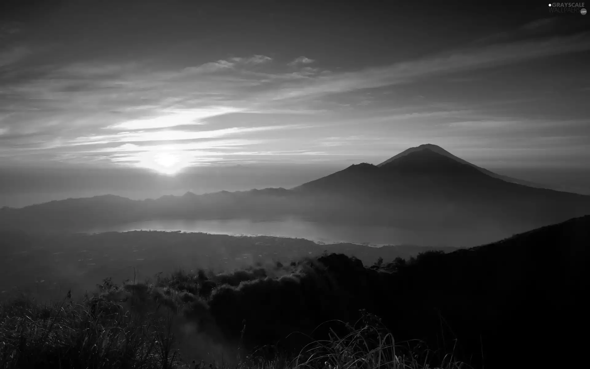 Mountains, west, sun, Red