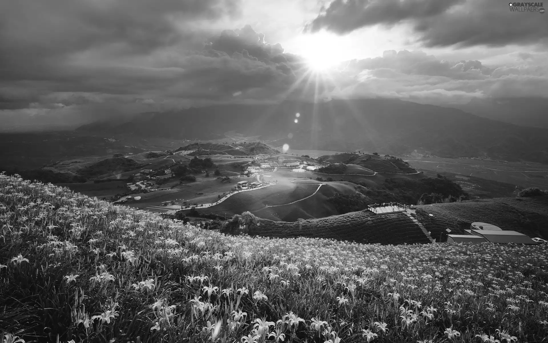 Mountains, field, sun, panorama, rays, medows