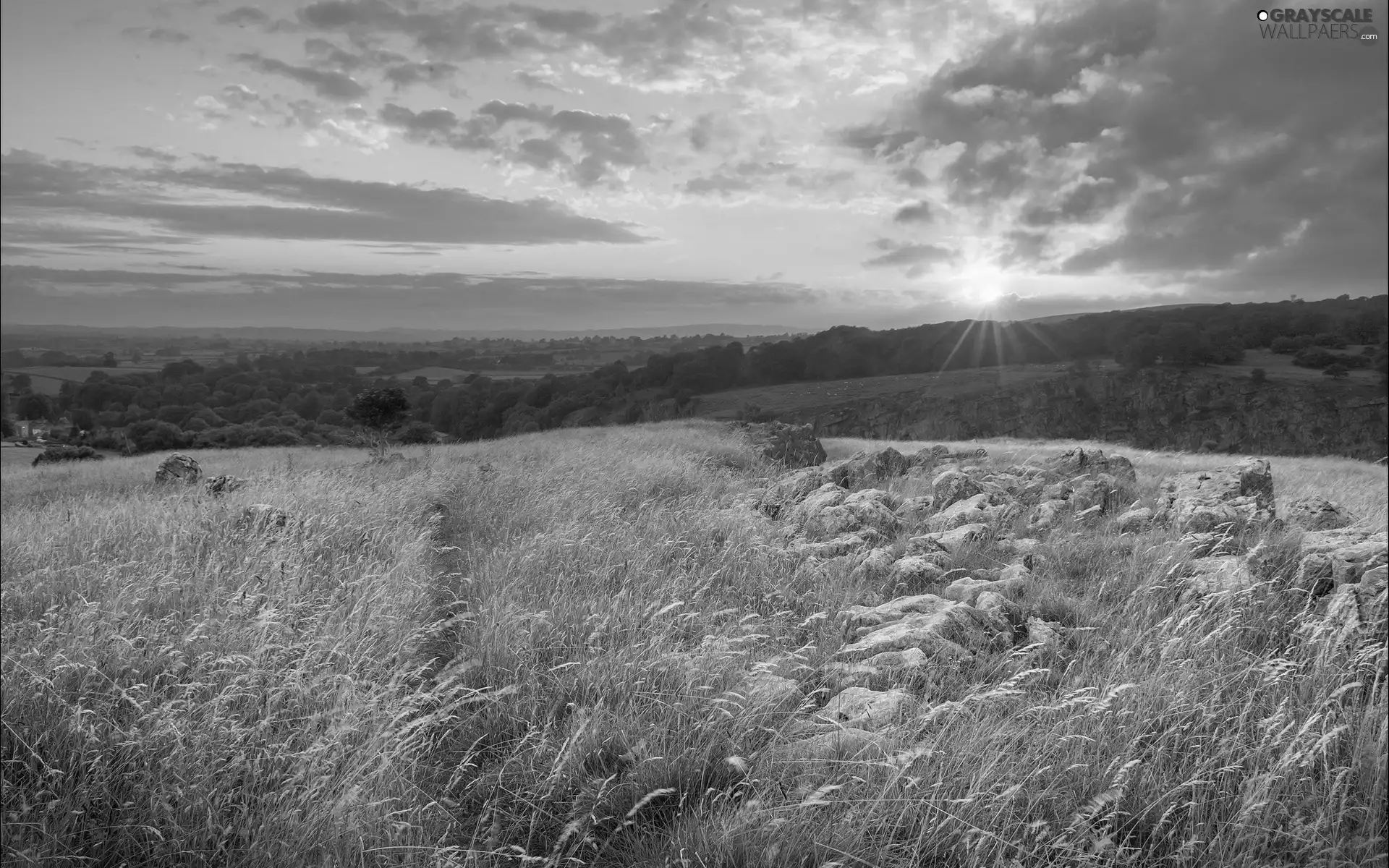 Stones, medows, sun, panorama, rays, rocks