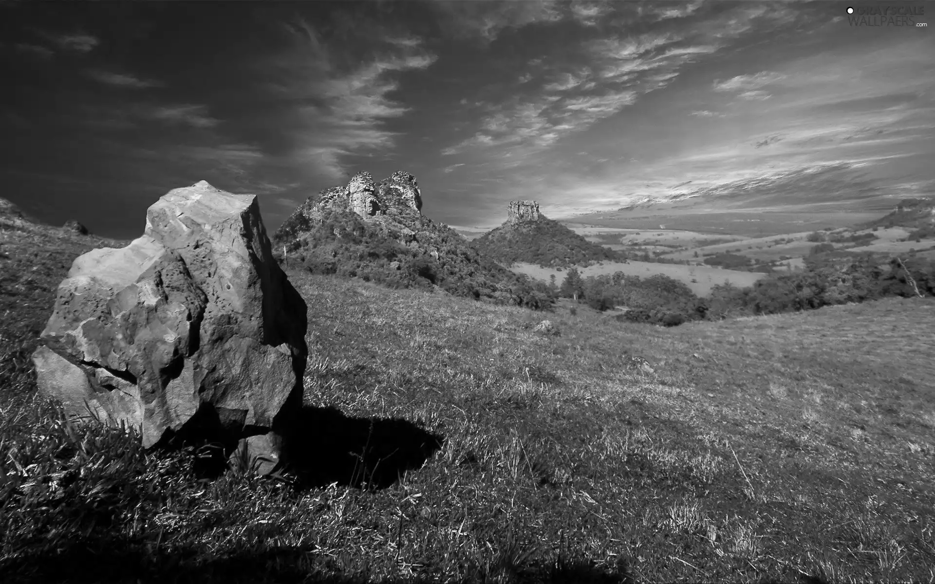 woods, Mountains, sun, panorama, west, rocks