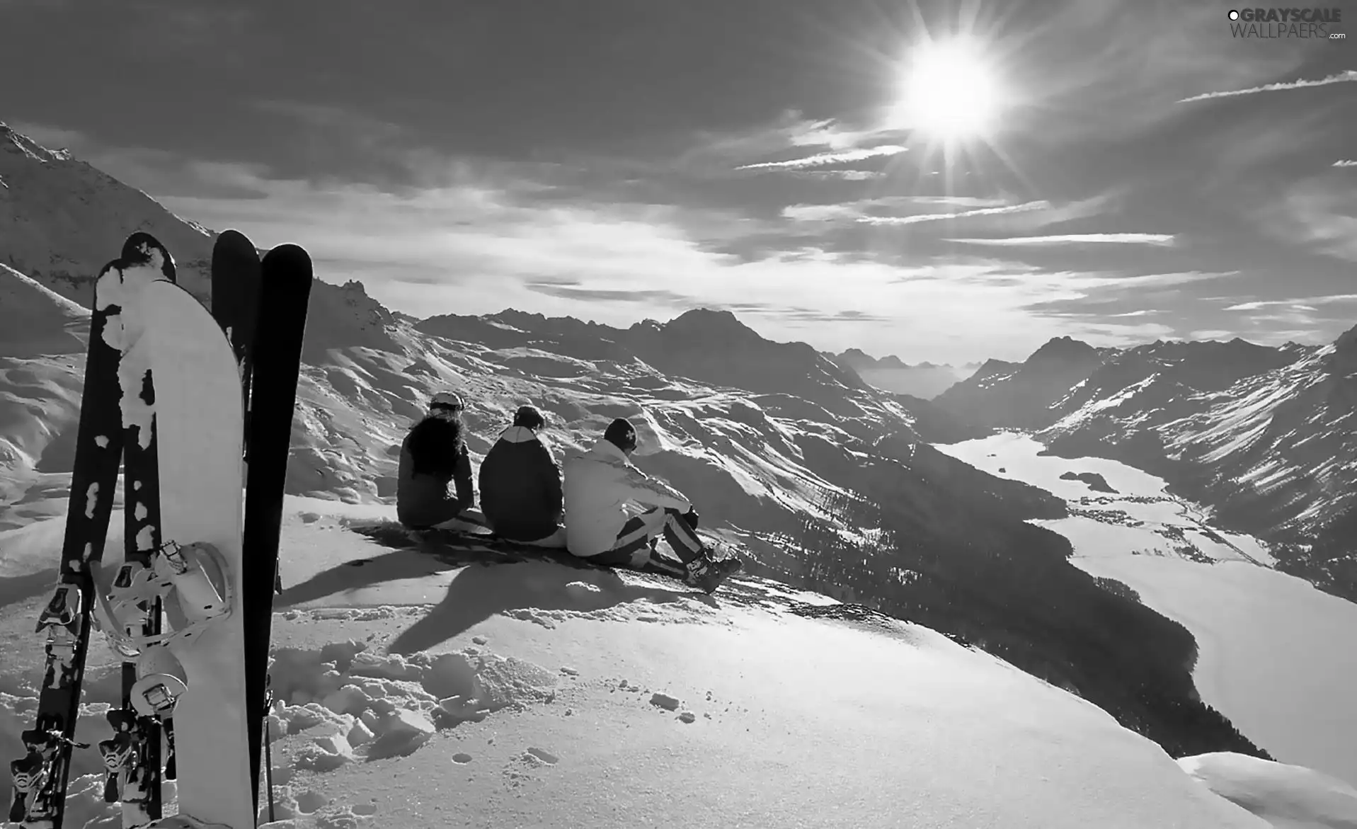 sun, People, snow, rays, Mountains