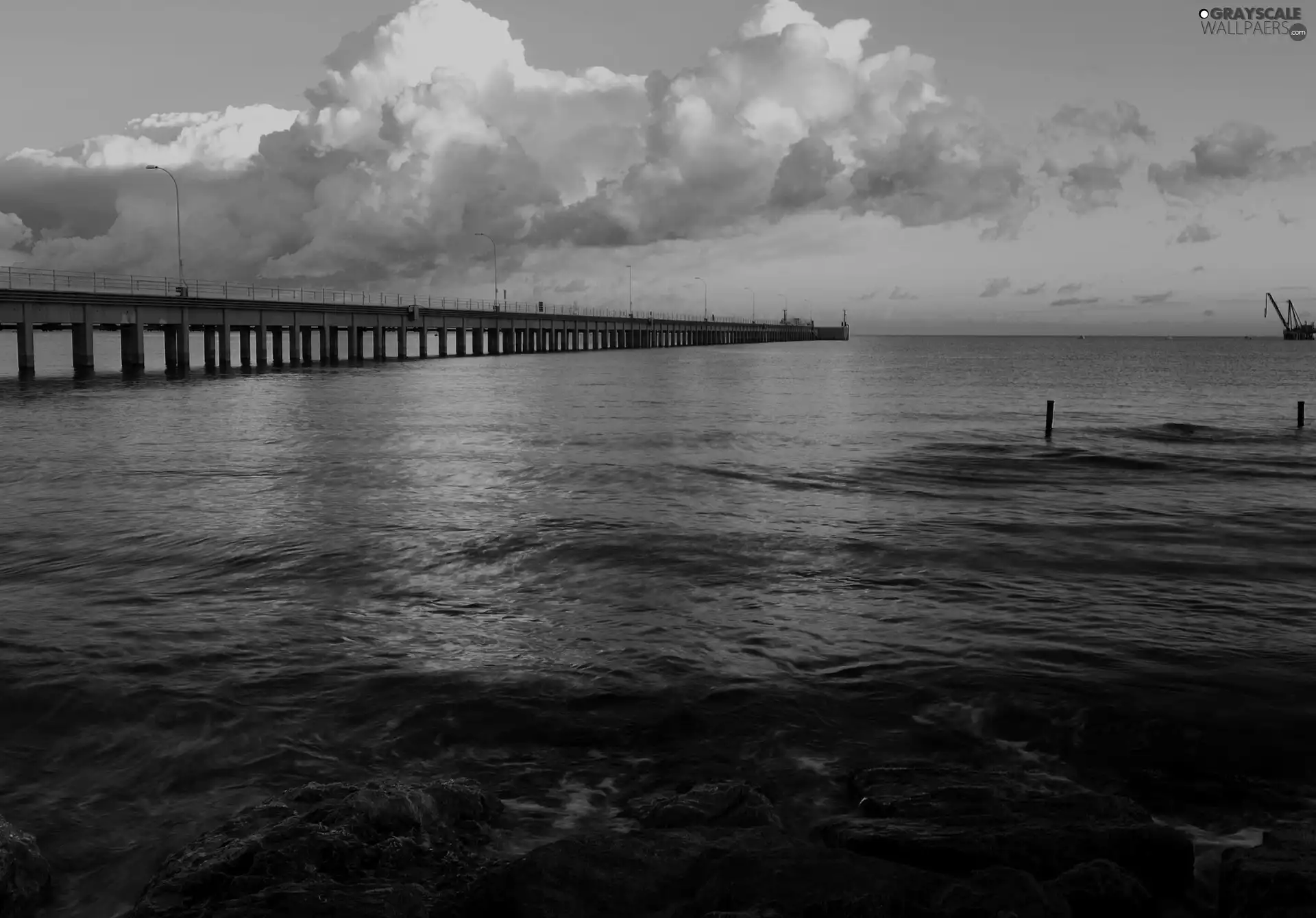 sun, pier, clouds, west, sea