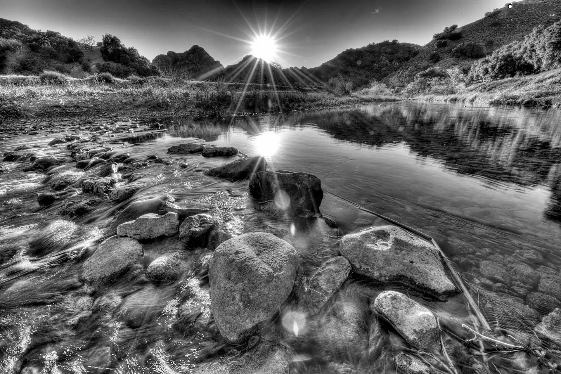 River, east, sun, Stones