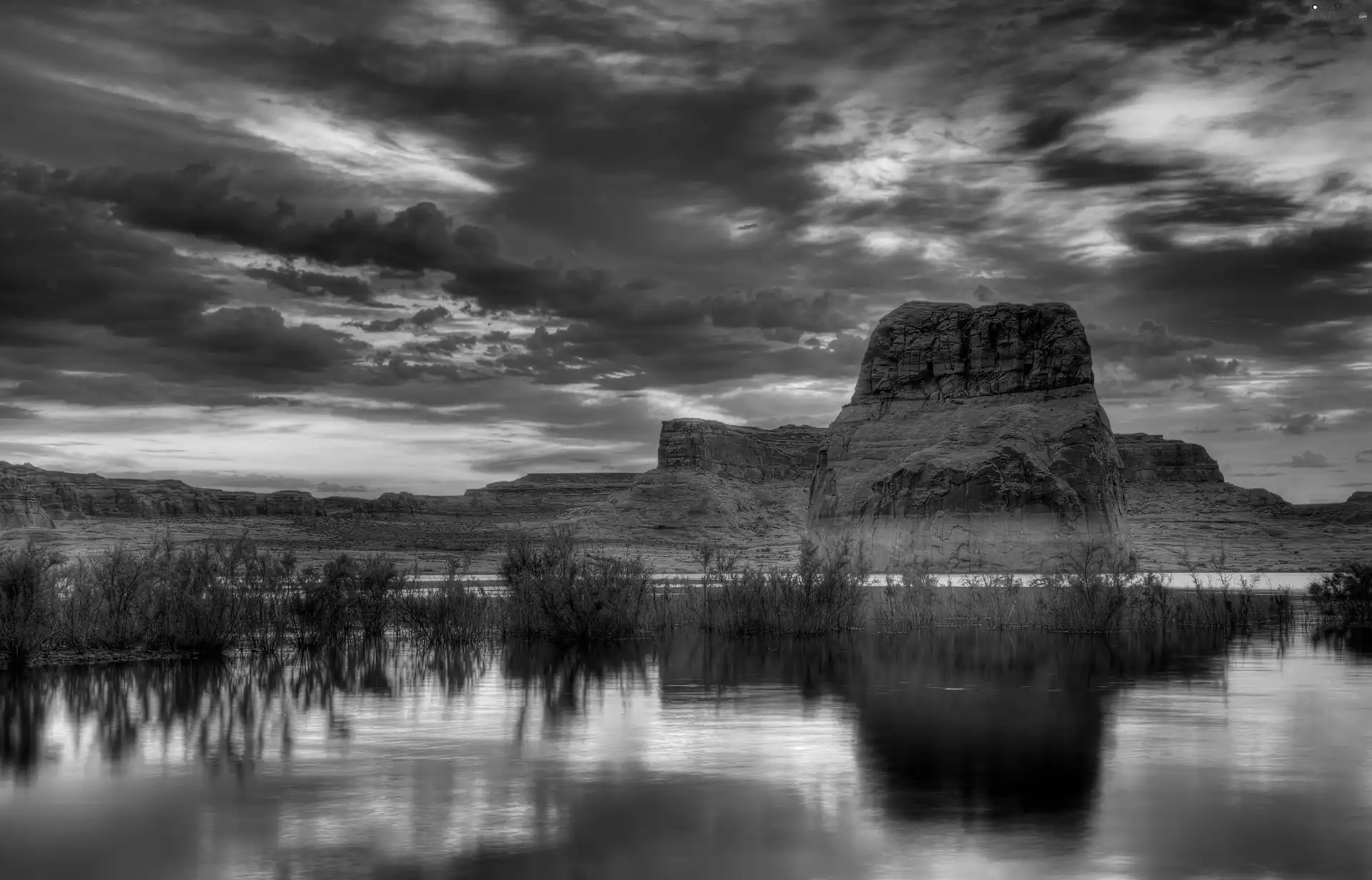 sun, rocks, clouds, west, lake