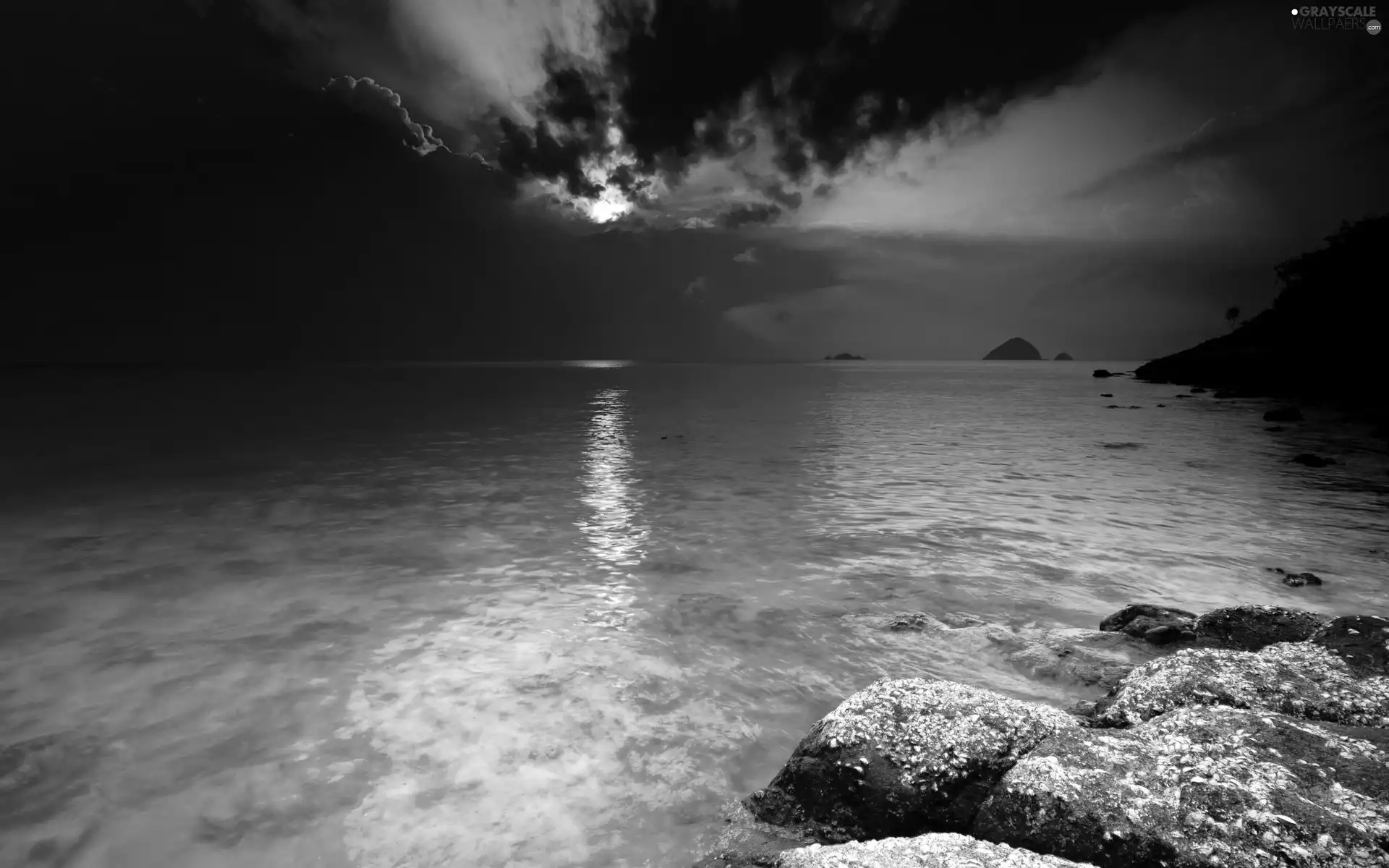 sun, rocks, clouds, The setting, sea