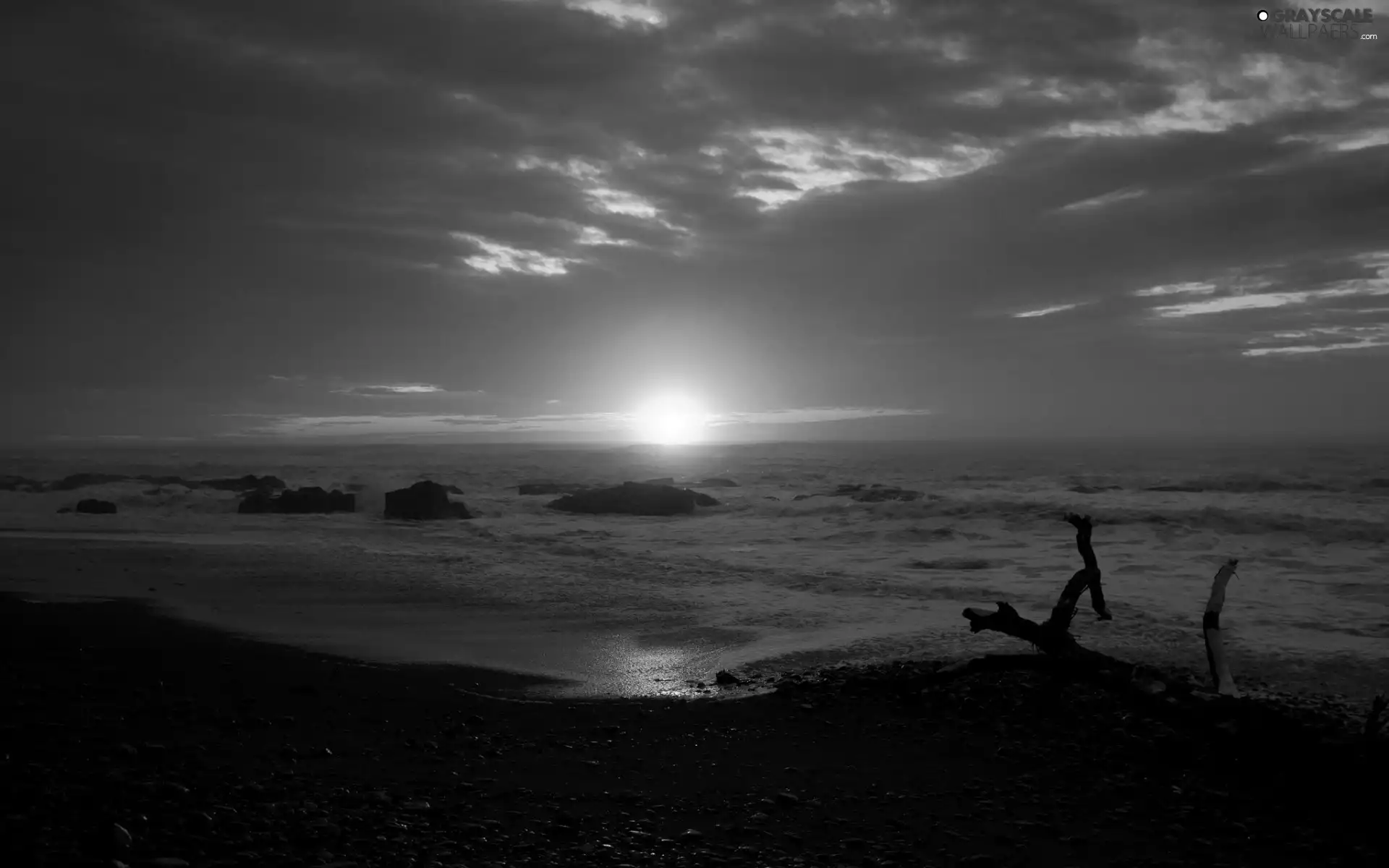 rocks, west, sun, clouds