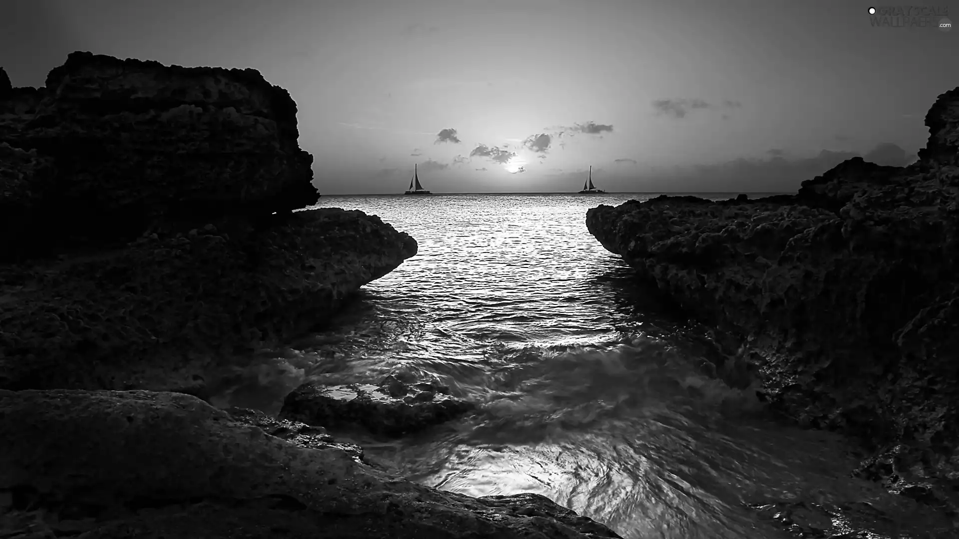 sun, Sailboats, rocks, west, sea