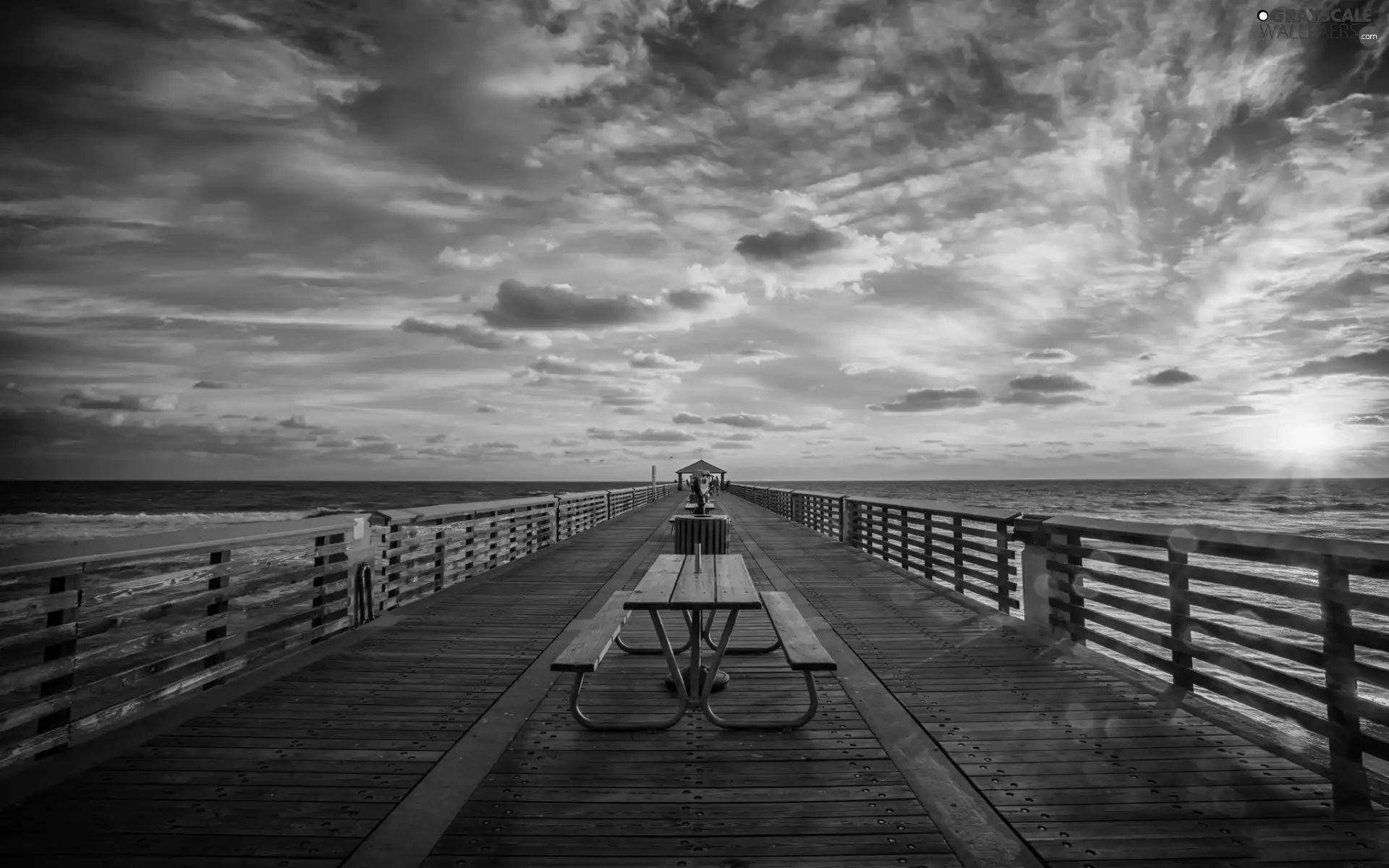 pier, clouds, Great Sunsets, Bench