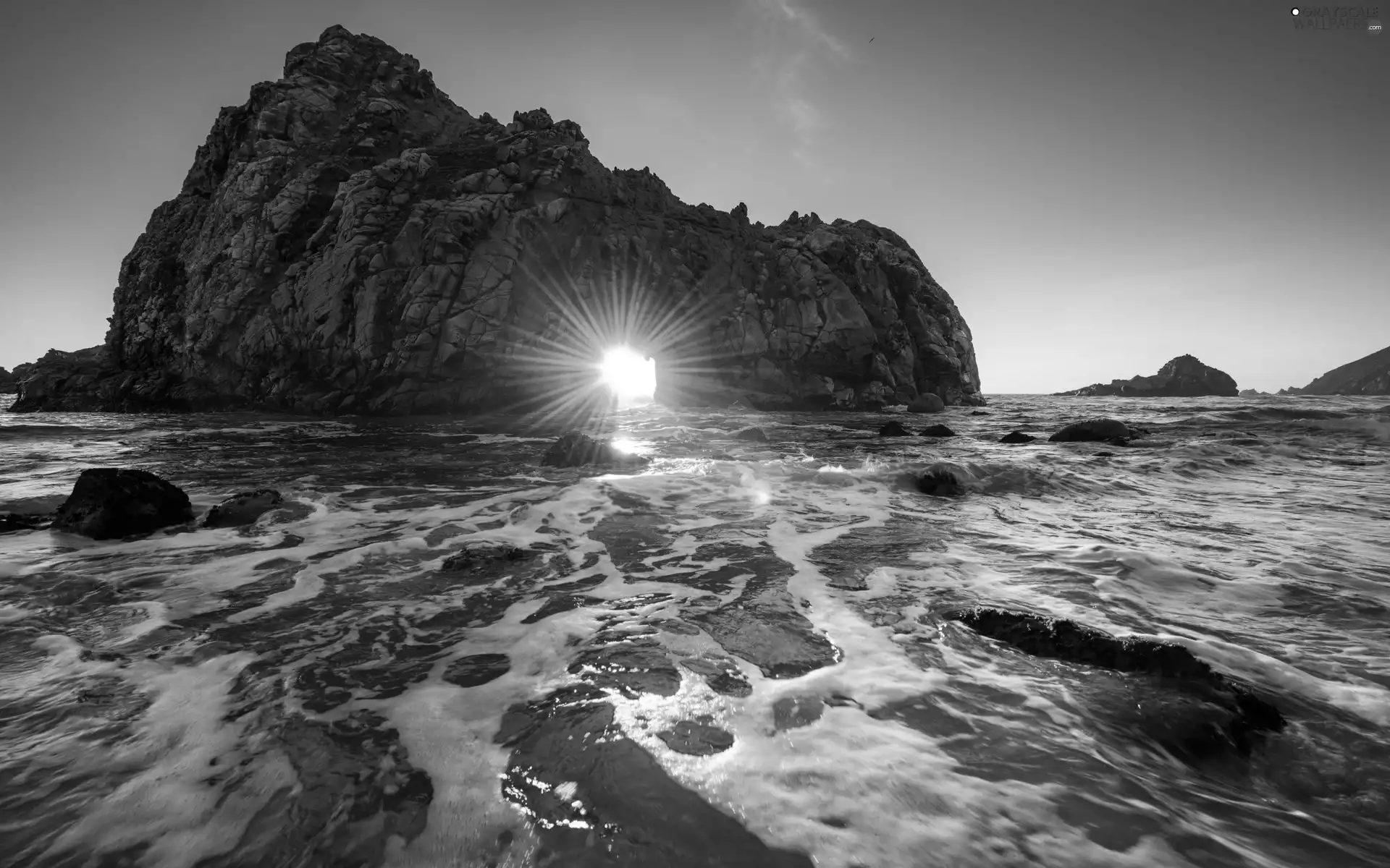 sea, rays, sun, rocks