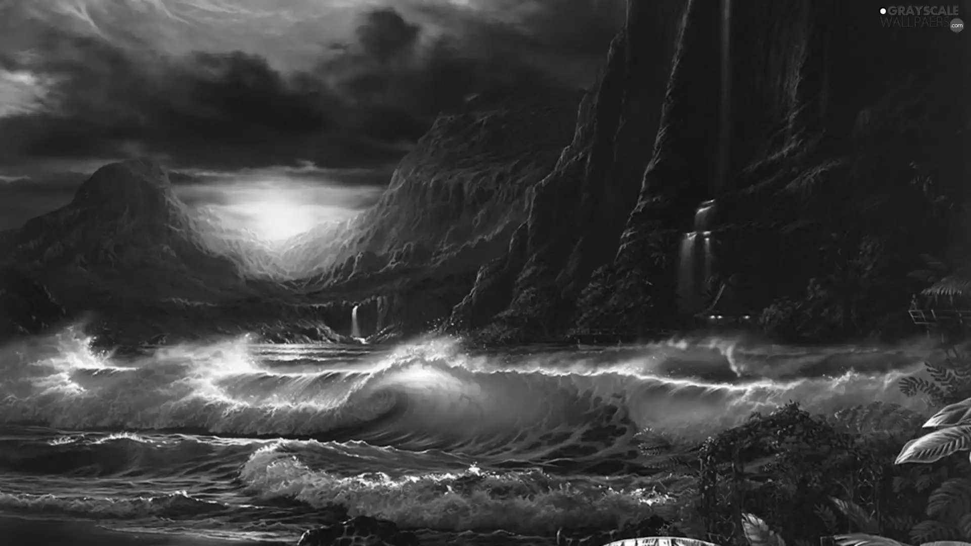 sea, west, sun, Mountains