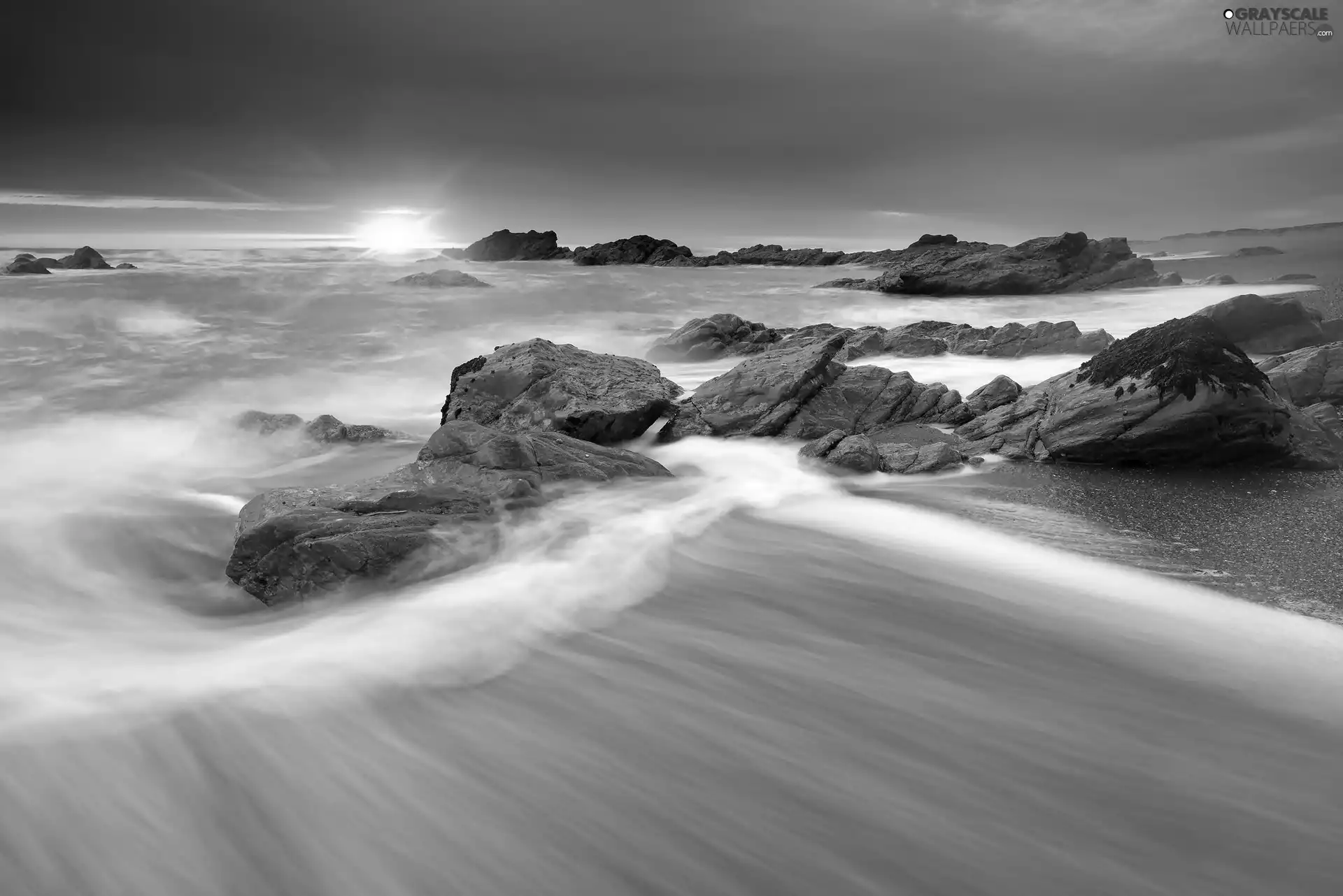 sea, west, sun, rocks