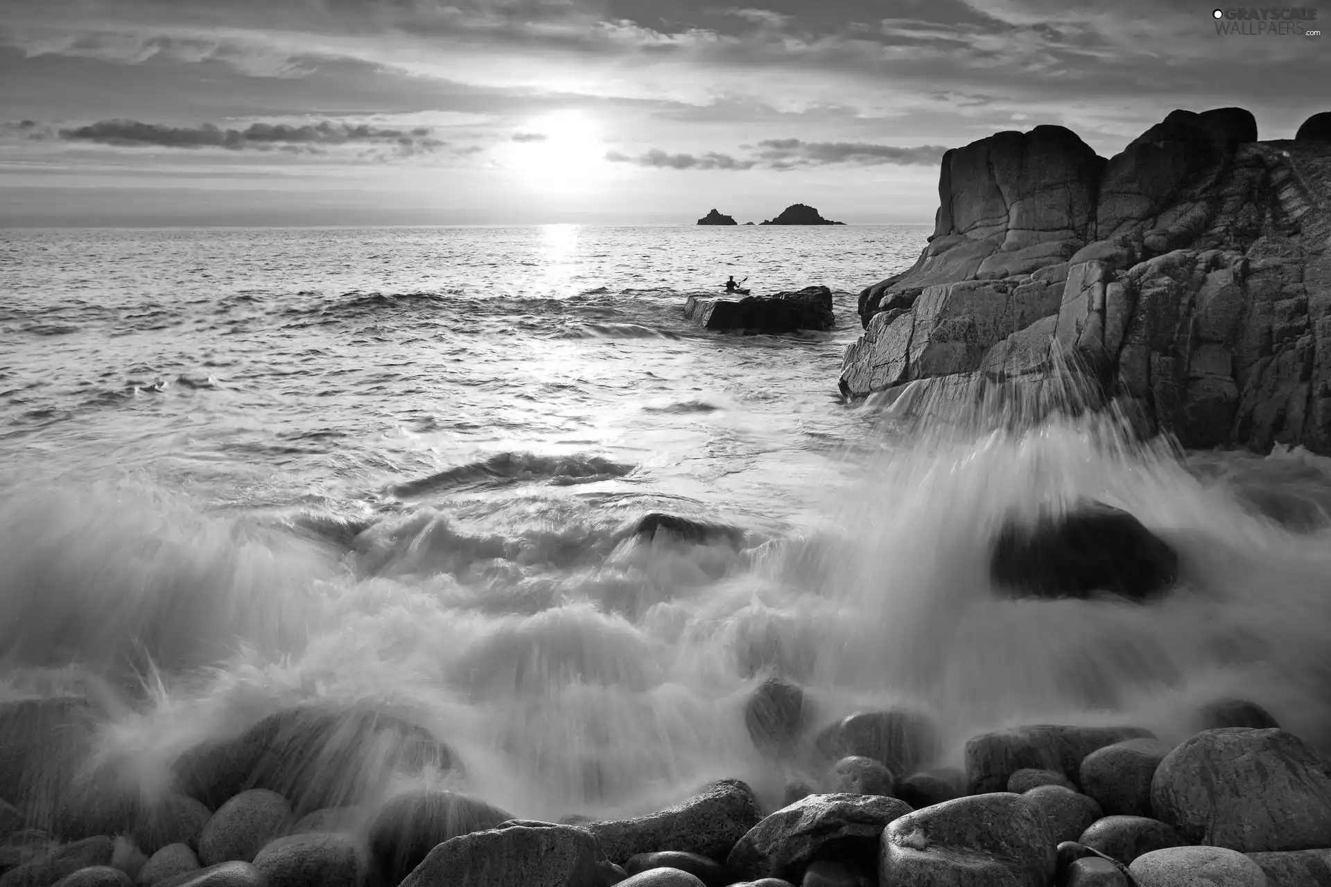 sea, west, sun, rocks